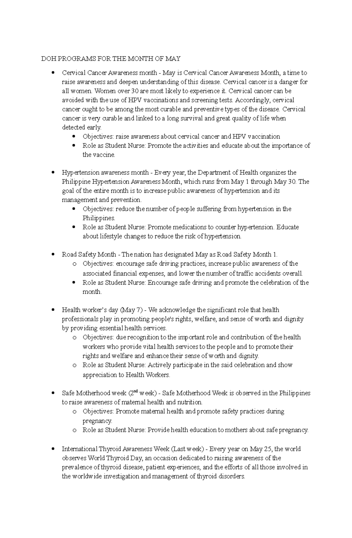 Dohprogramsmay - Summary Nursing - DOH PROGRAMS FOR THE MONTH OF MAY ...
