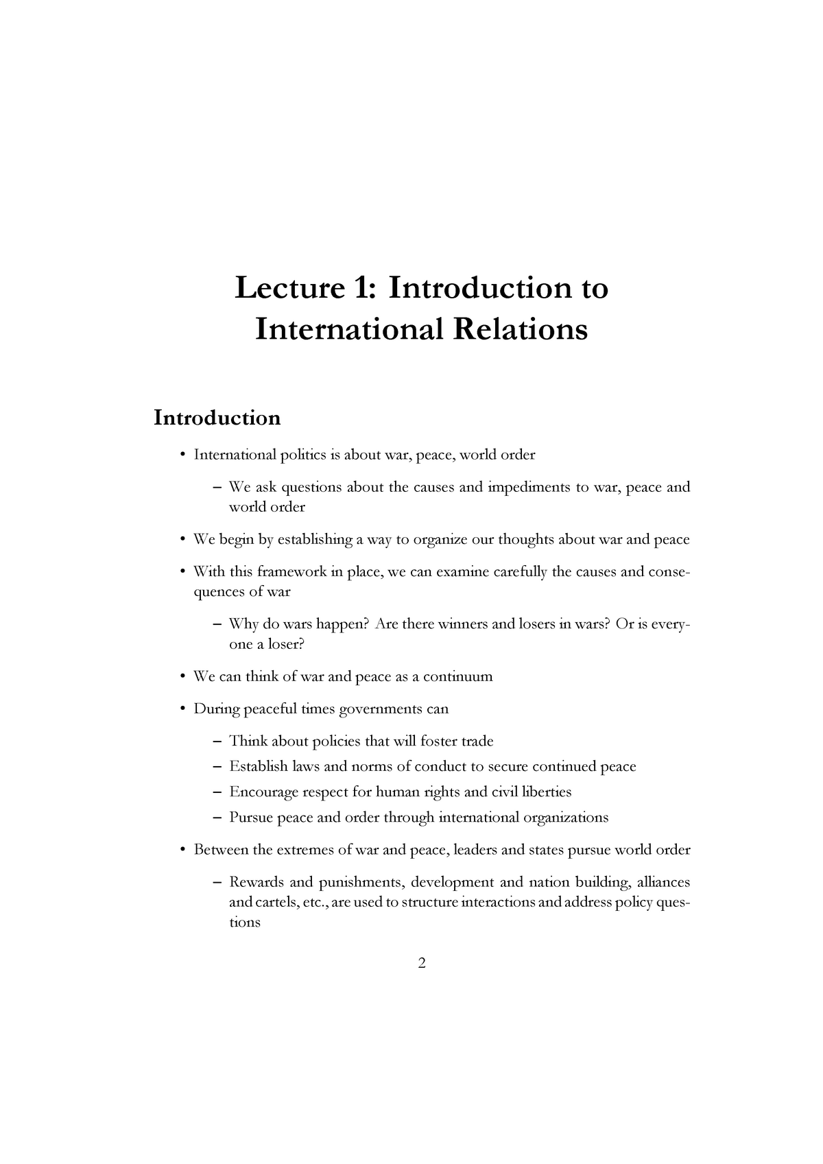 Lect 01 Intro To IR - International Relations - Lecture1 ...