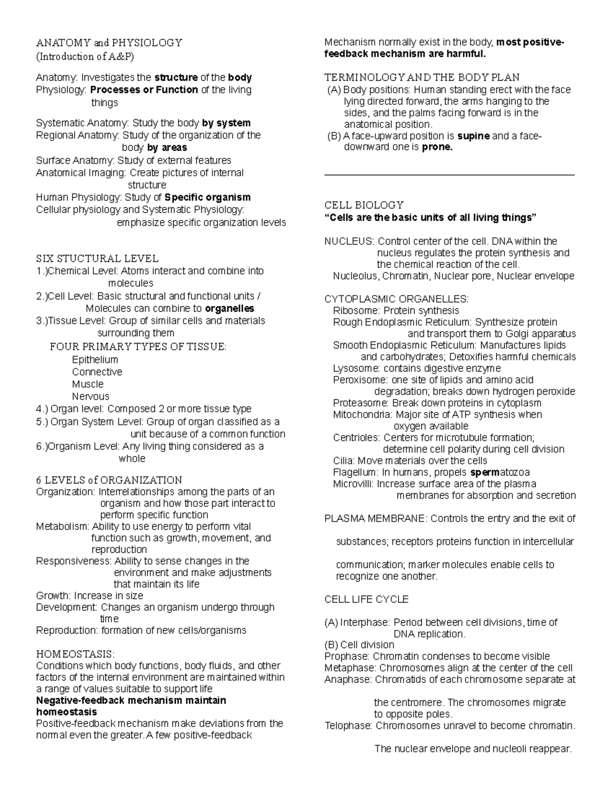 ANPH111 reviewer - Introduction in A and P and Cells - ANATOMY and ...