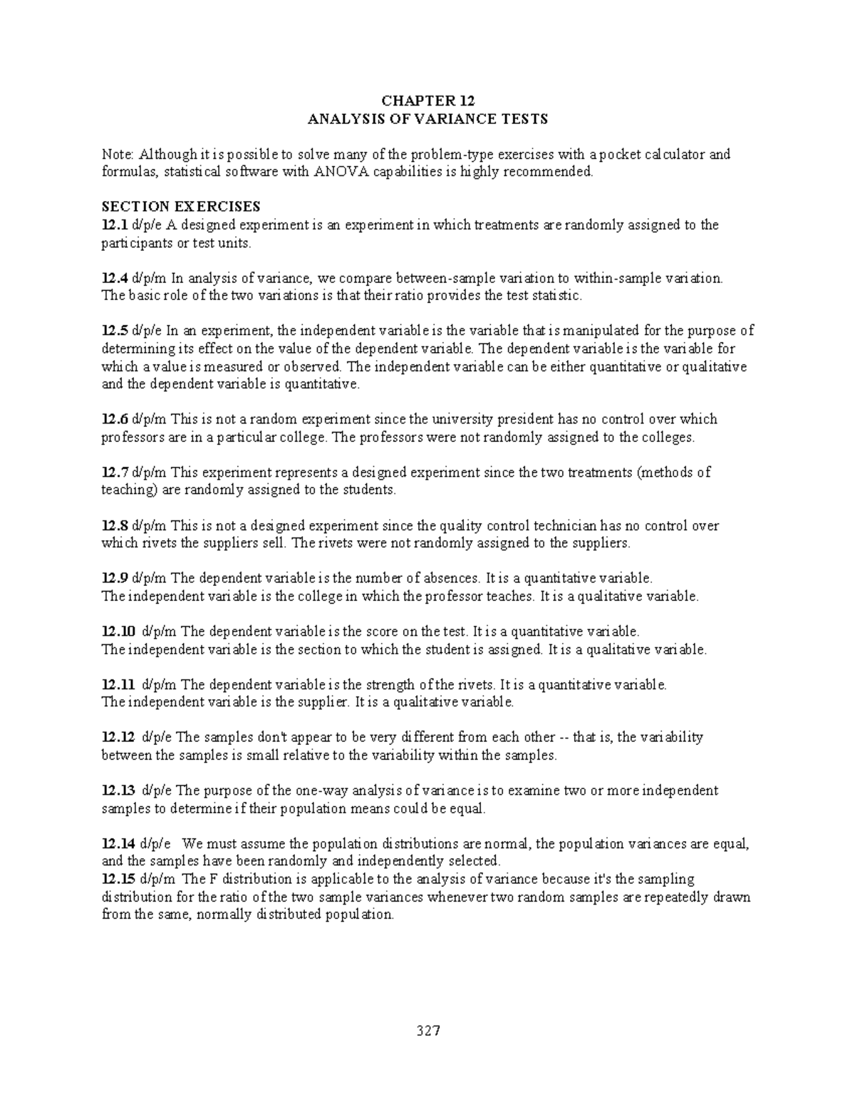 Ch12 Solutions - 327 CHAPTER 12 ANALYSIS OF VARIANCE TESTS Note ...