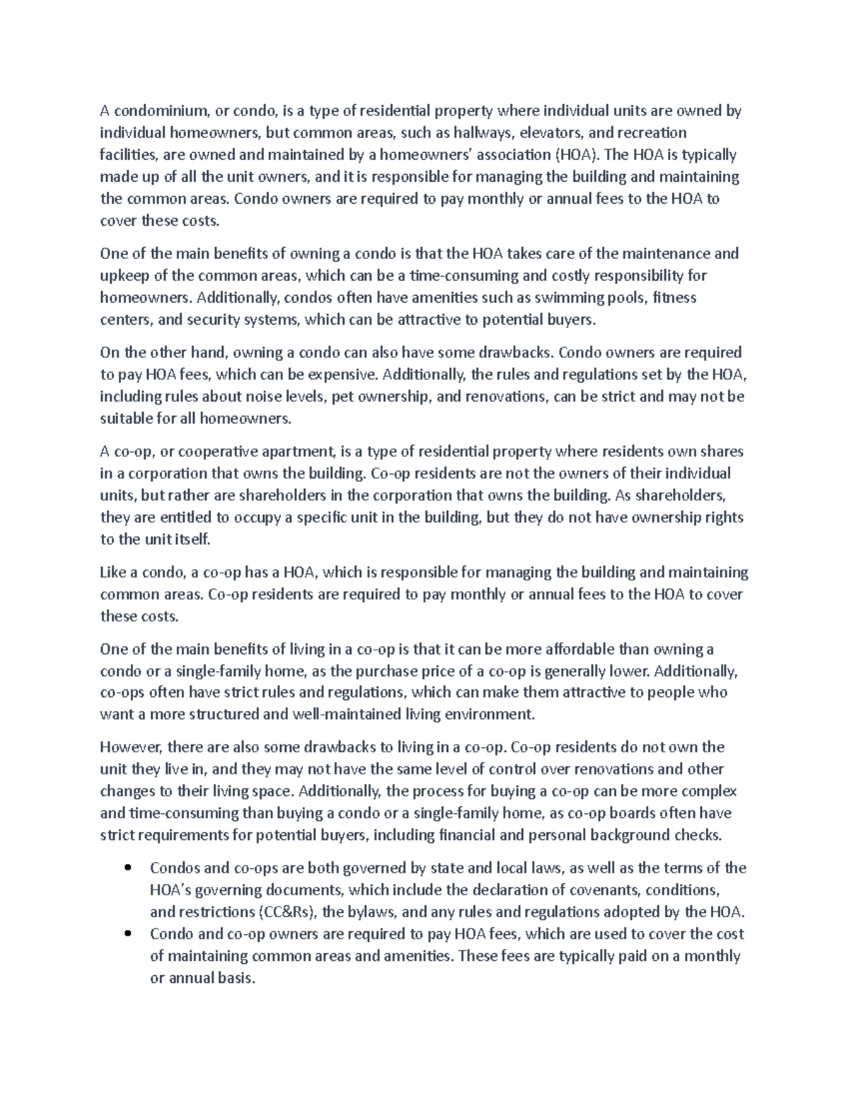 Condos and Co ops Notes - A condominium, or condo, is a type of ...