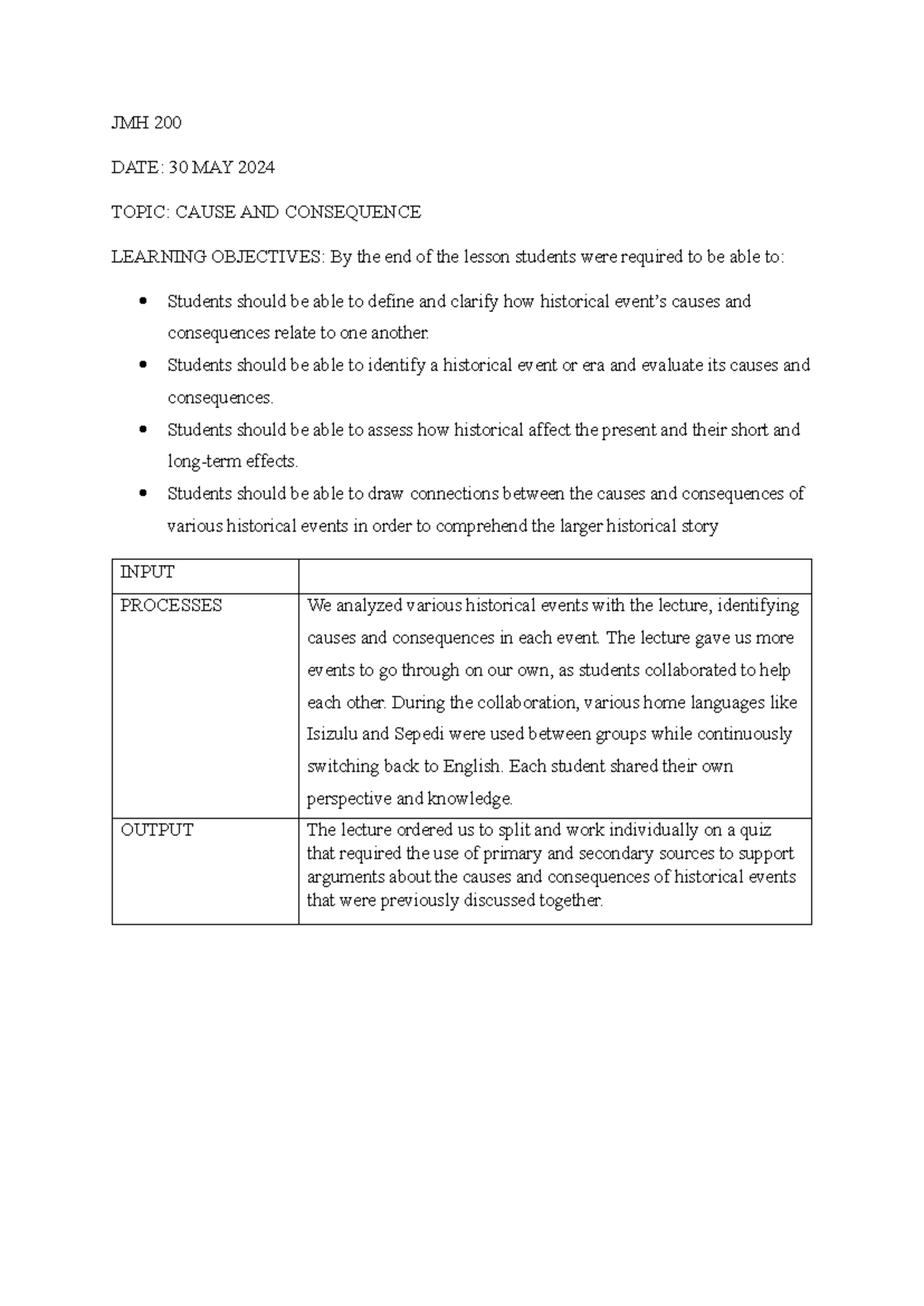 JMH 200 - Summary Methodology of History - JMH 200 DATE: 30 MAY 2024 ...