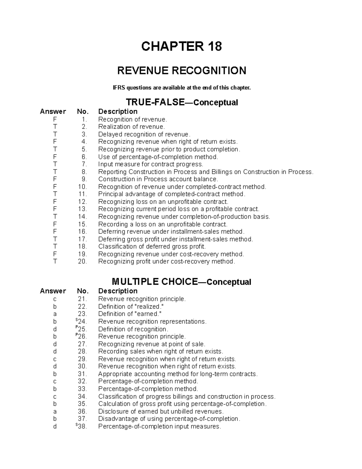 Chapter 18 Answer Key - CHAPTER 18 REVENUE RECOGNITION IFRS Questions ...