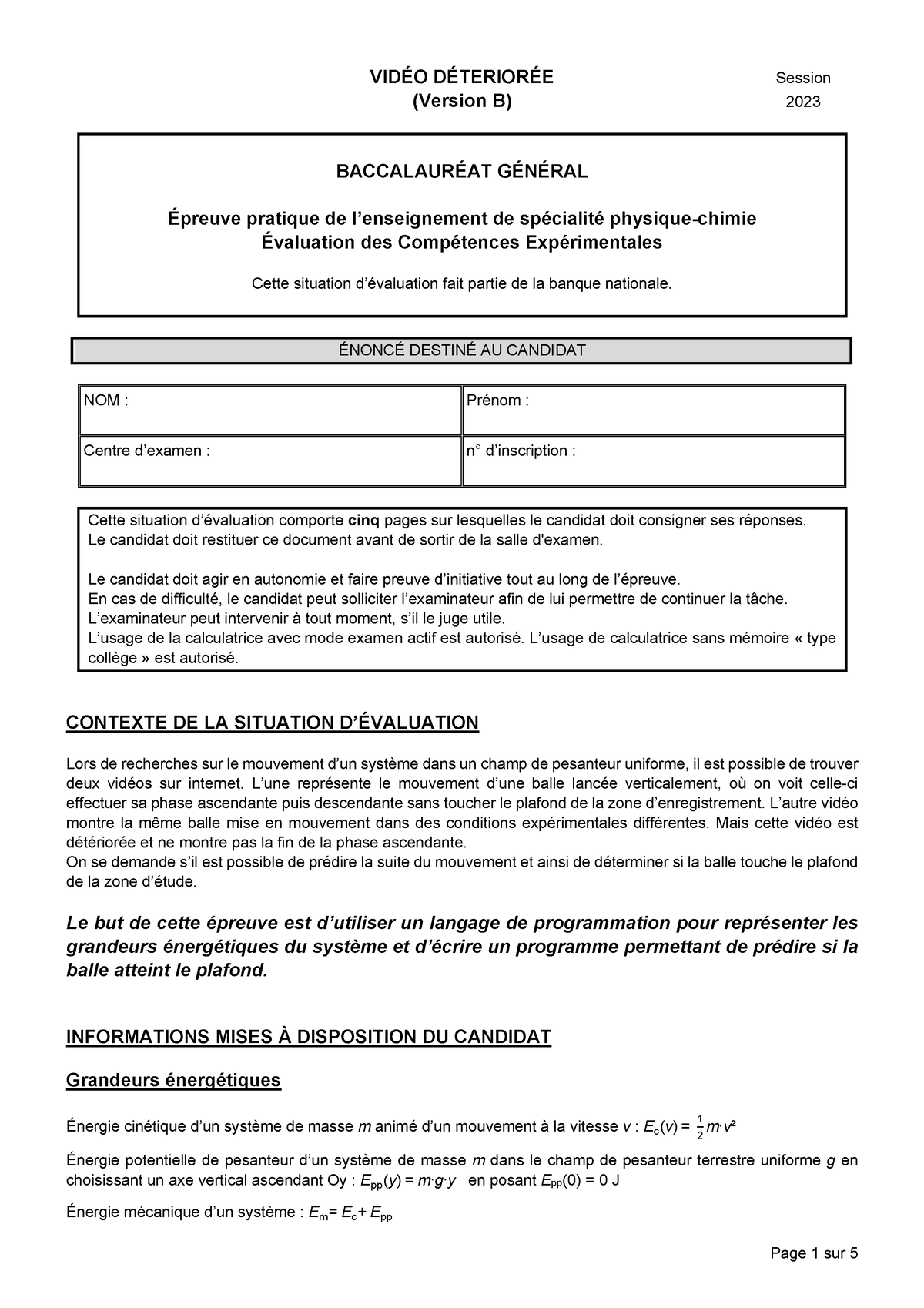 ECE 23 PC 25 B - Exercice De Physique-chimie - (Version B) 2023 ...