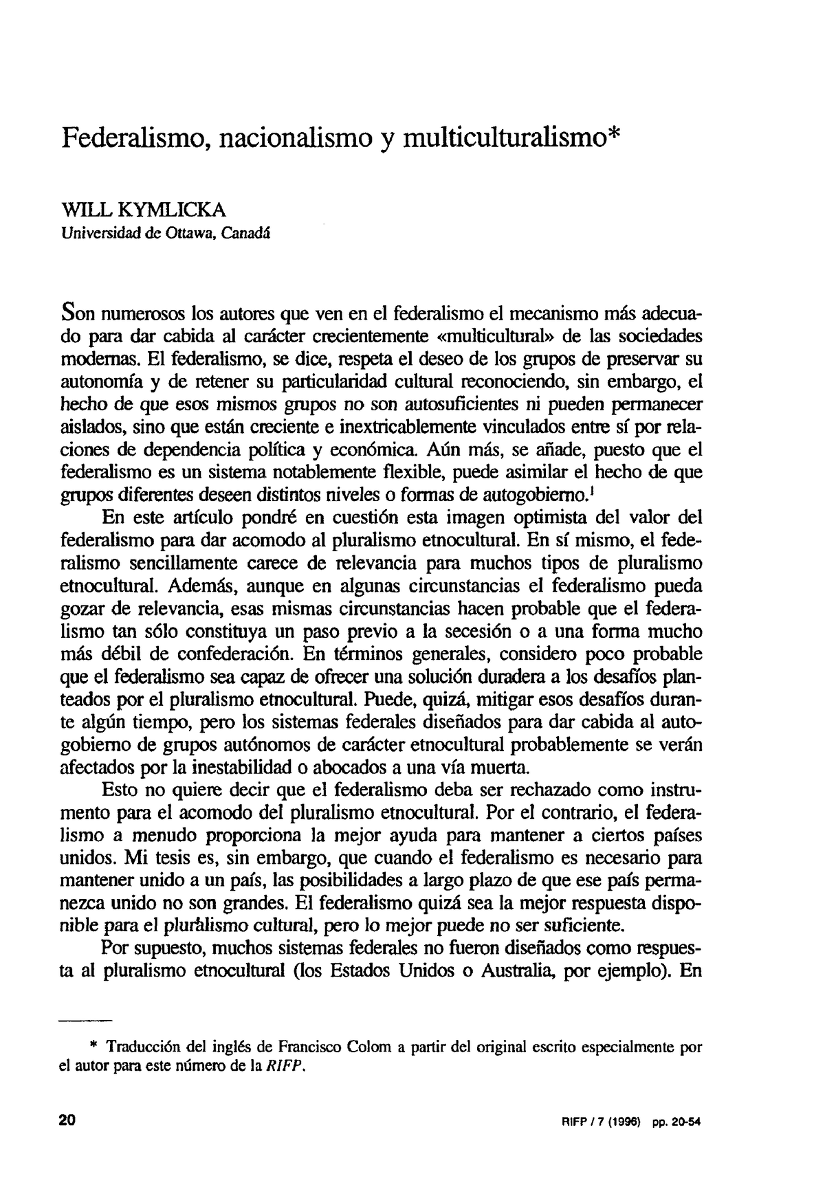 W. Kymlicka - Federalismo, Nacionalismo Y Multiculturalismo ...