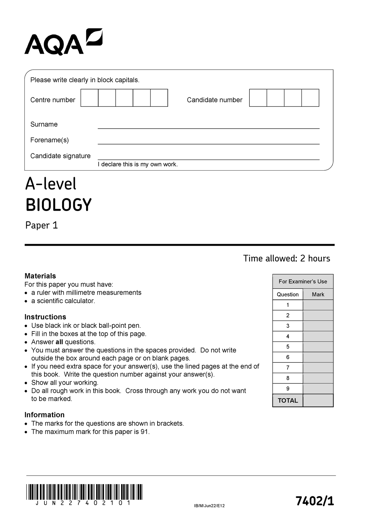 Aqa 2022 Biology A level Paper 1 Jun227402101 IB M Jun22 E12 7402 