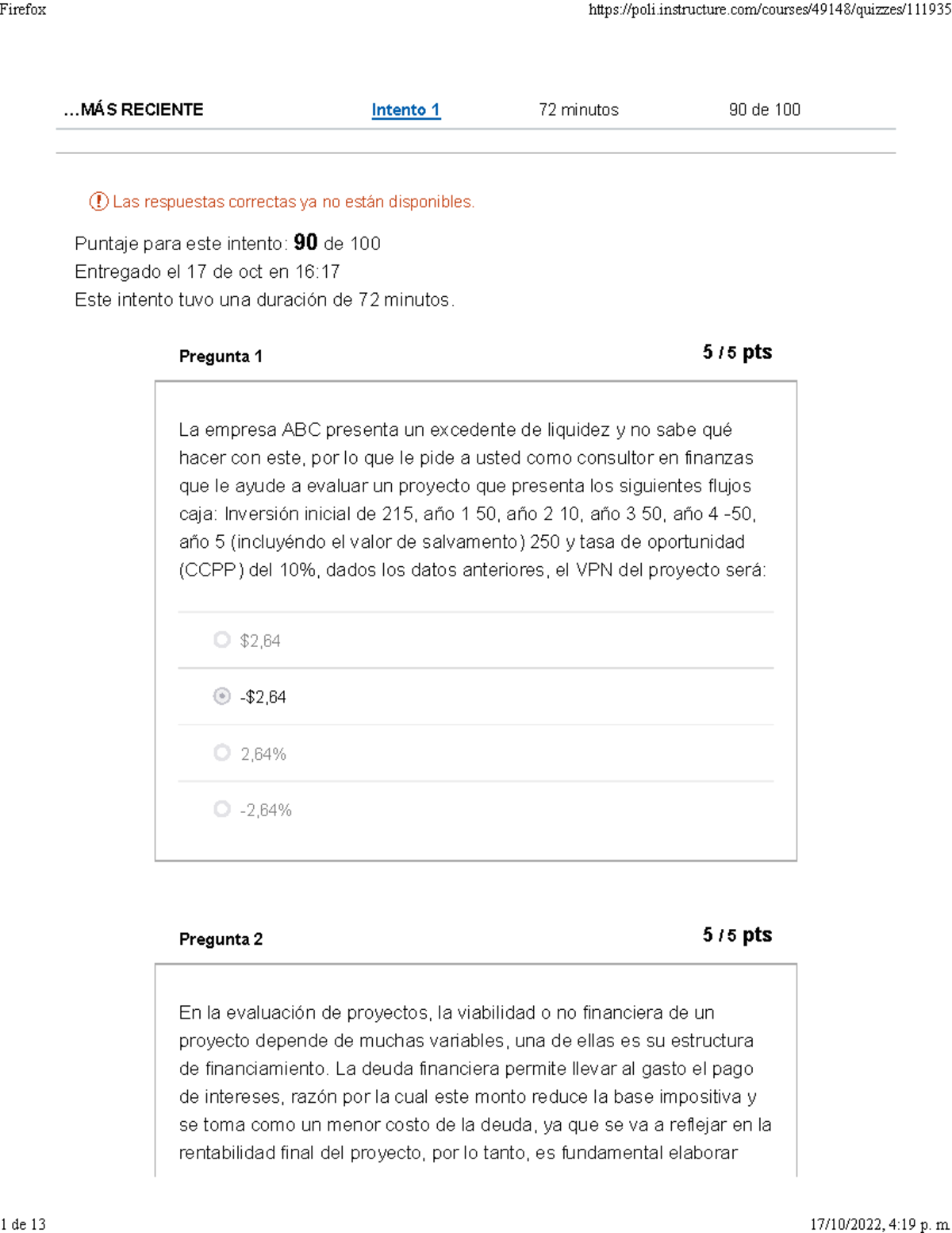 Examen Final - Gerencia Financiera - ..ÁS RECIENTE Intento 1 72 Minutos ...