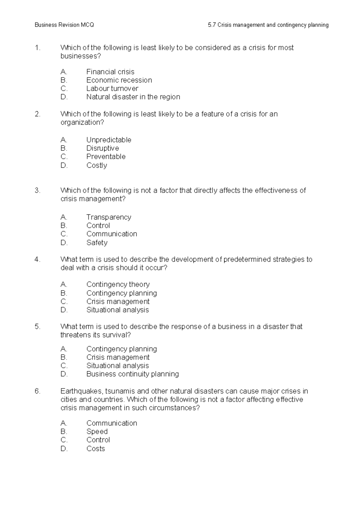 PDF document - Notes - Business Revision MCQ 5 Crisis management and ...