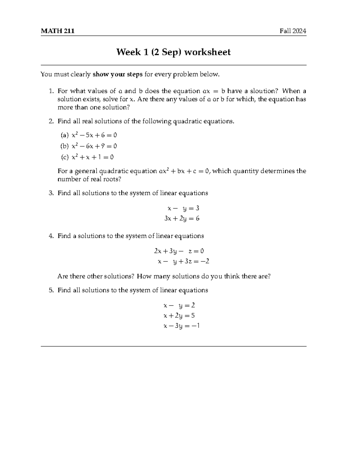 Work Sheet 1 - MATH 211 Fall 2024 Week 1 (2 Sep) worksheet You must ...
