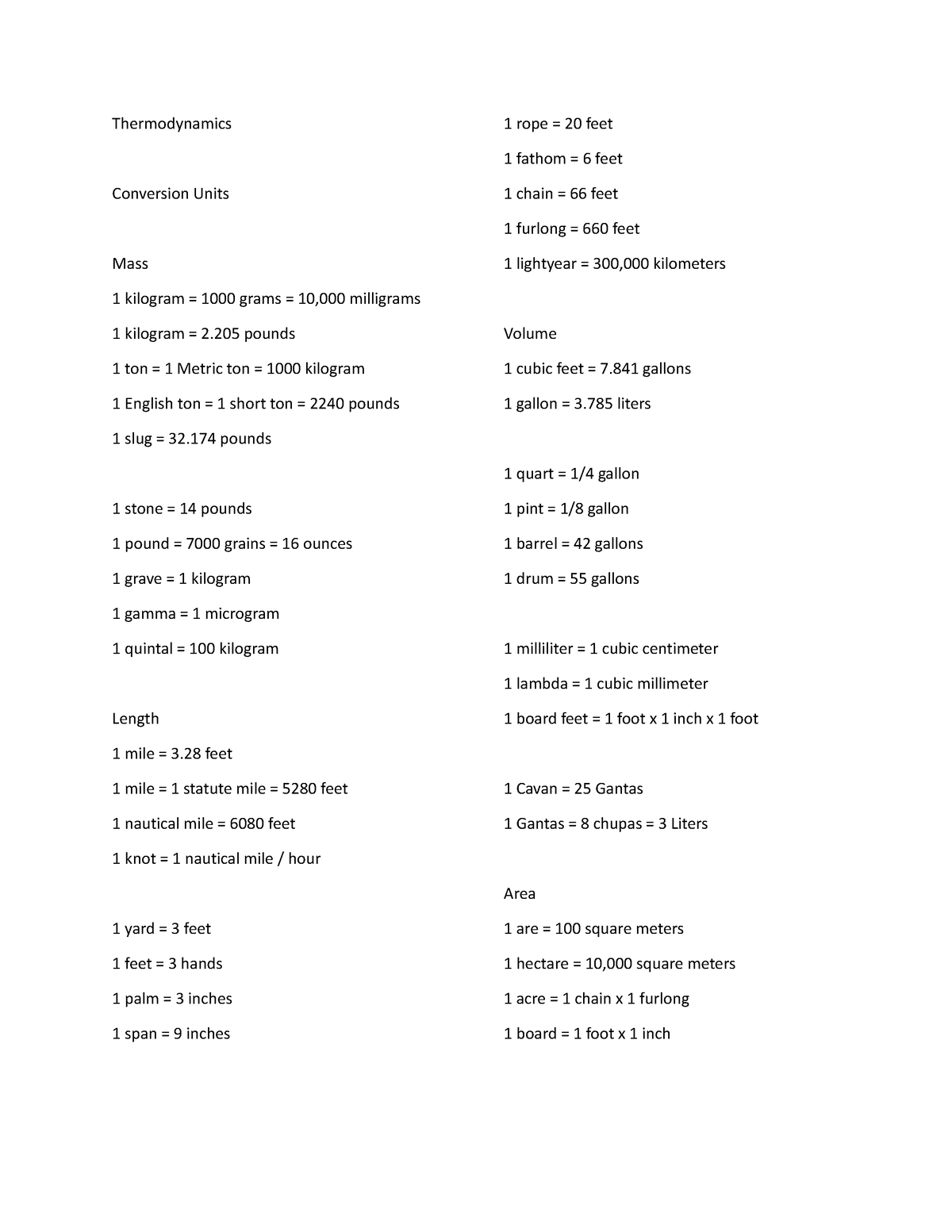 Thermodynamics - Review - Thermodynamics Conversion Units Mass 1 ...