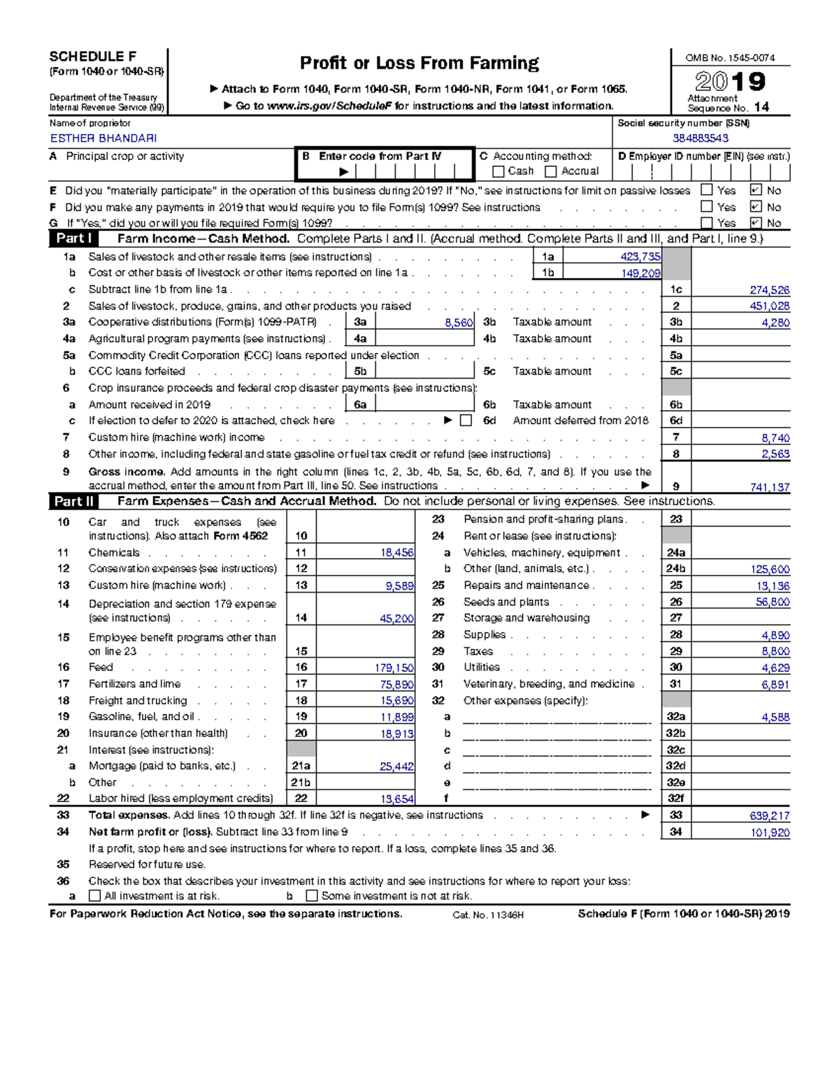 Esther Bhandari 1040 Schedule F - SCHEDULE F (Form 1040 or 1040-SR ...