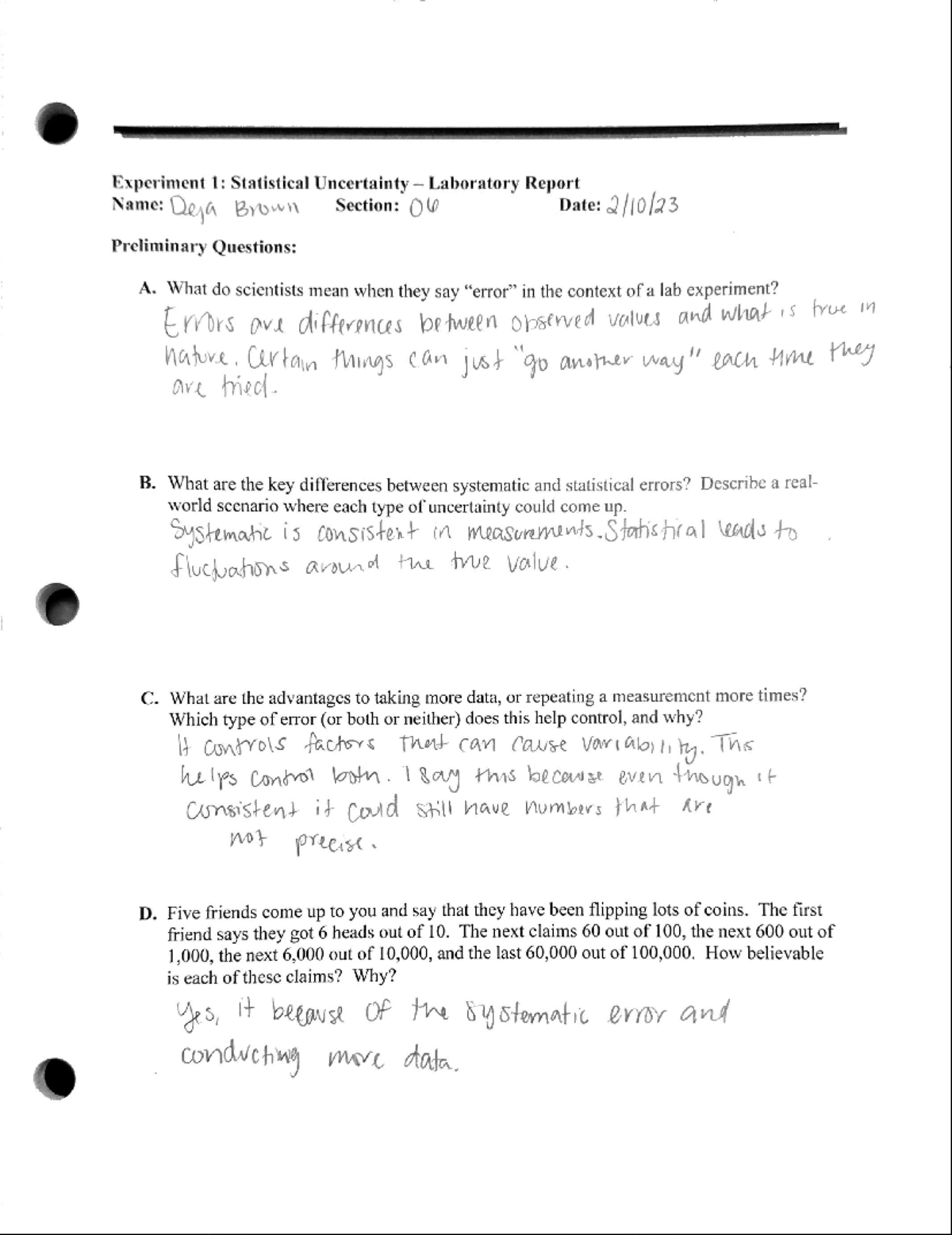 lab 1 experimental errors and uncertainty