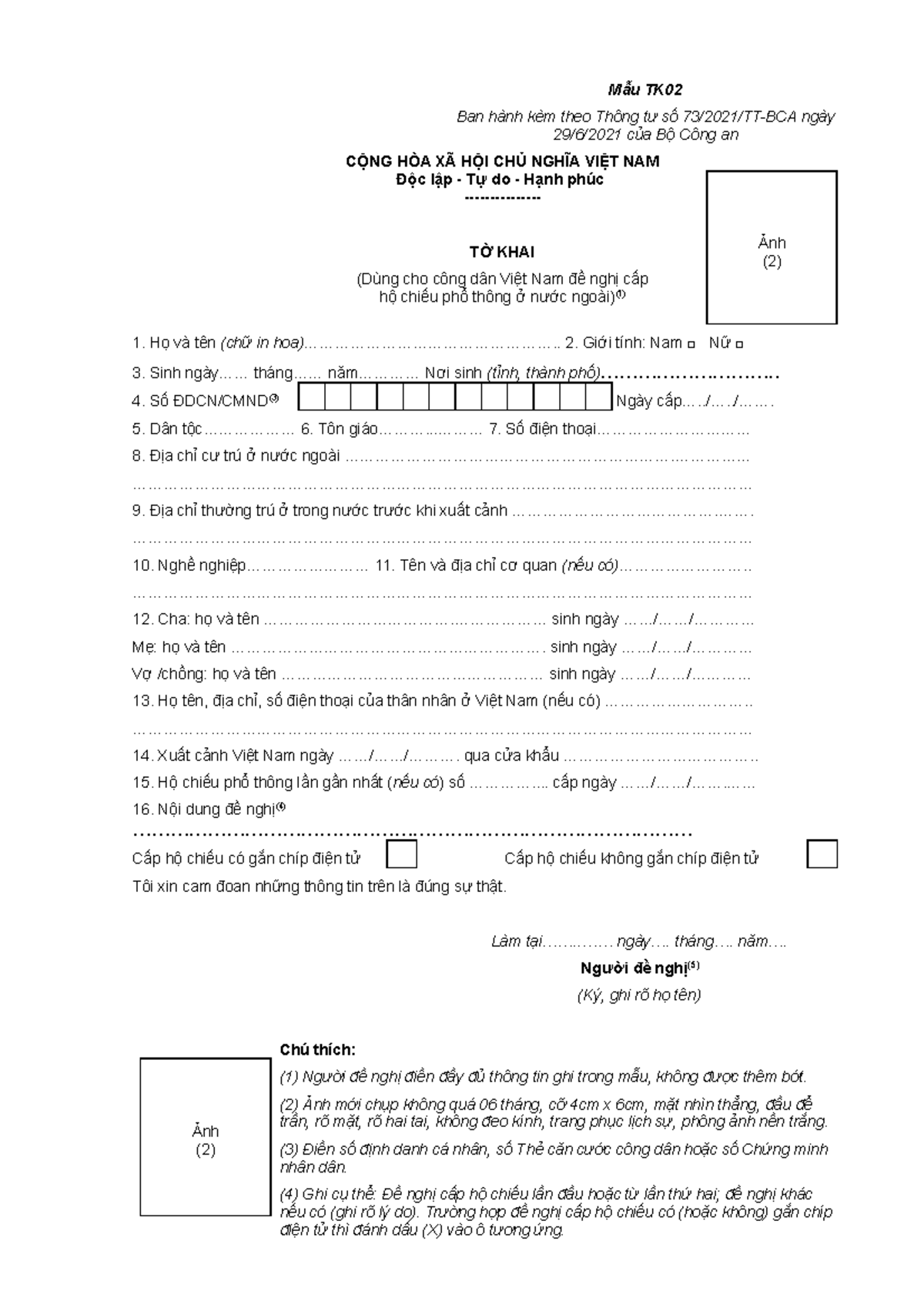 Tờ khai cấp hộ chiếu Việt Nam tại nước ngoài mẫu TK02 - Mẫu TK Ban hành ...