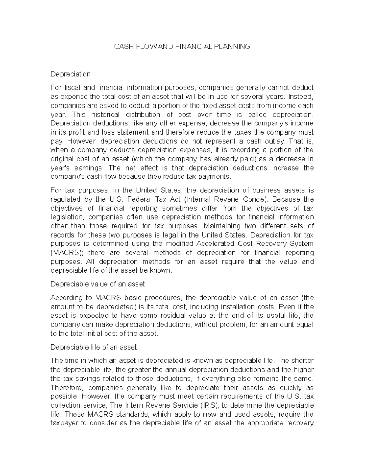CASH FLOW AND FINANCIAL PLANNING - CASH FLOW AND FINANCIAL PLANNING ...