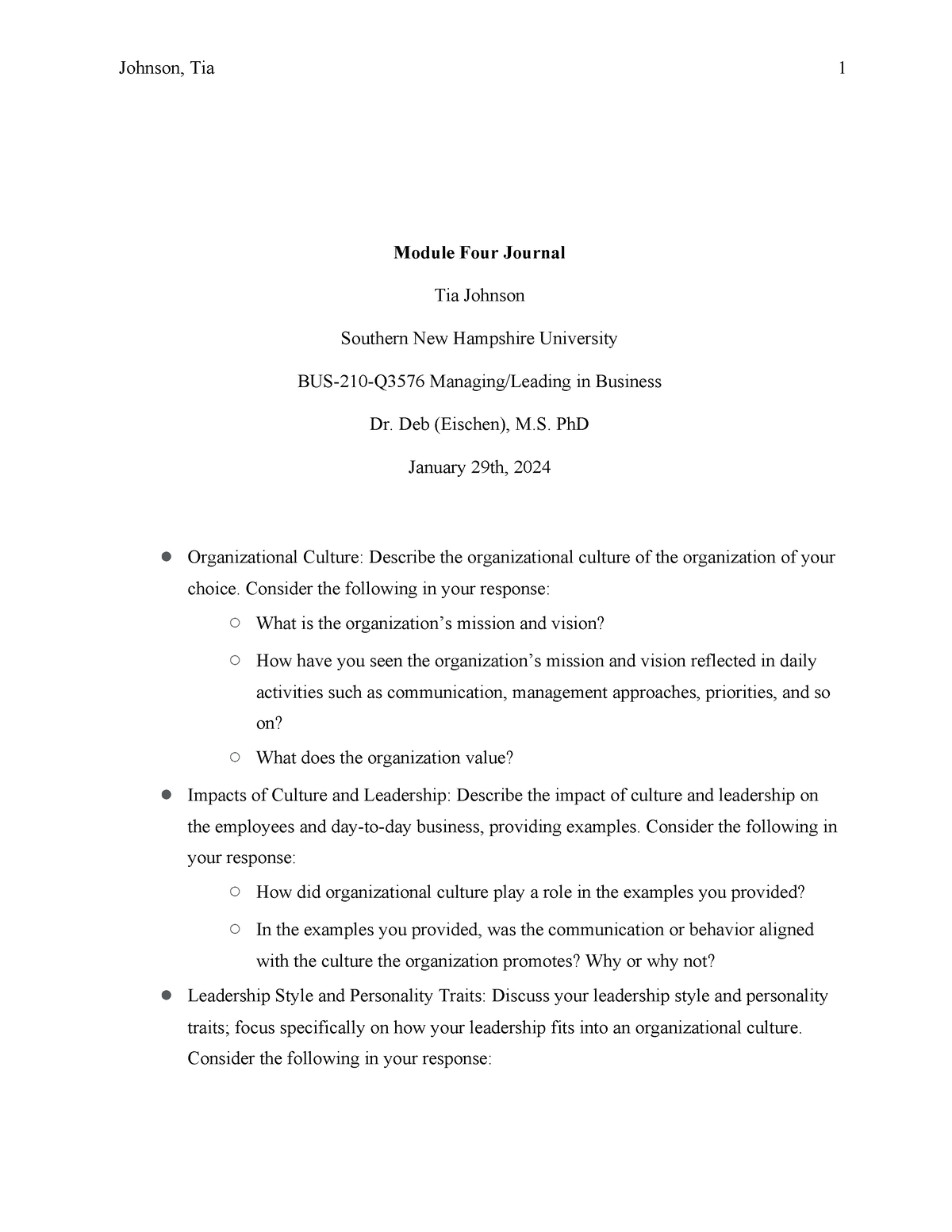 BUS 210 Module 4 Journal - Module Four Journal Tia Johnson Southern New ...