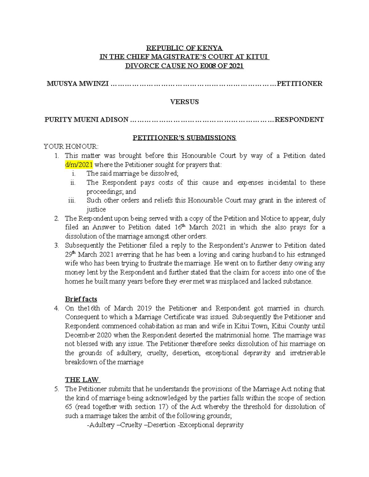 Submissions for REPUBLIC OF KENYA IN THE CHIEF MAGISTRATE’S COURT AT