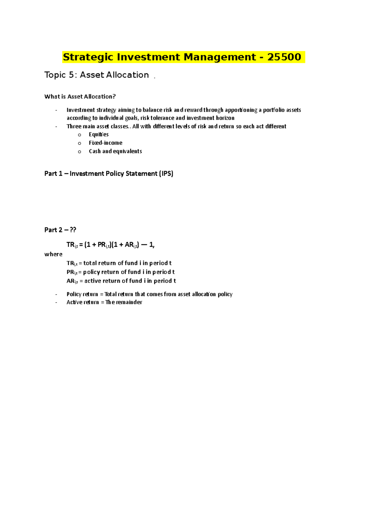 T5 Asset Allocation - Strategic Investment Management - 25500 Topic 5 ...