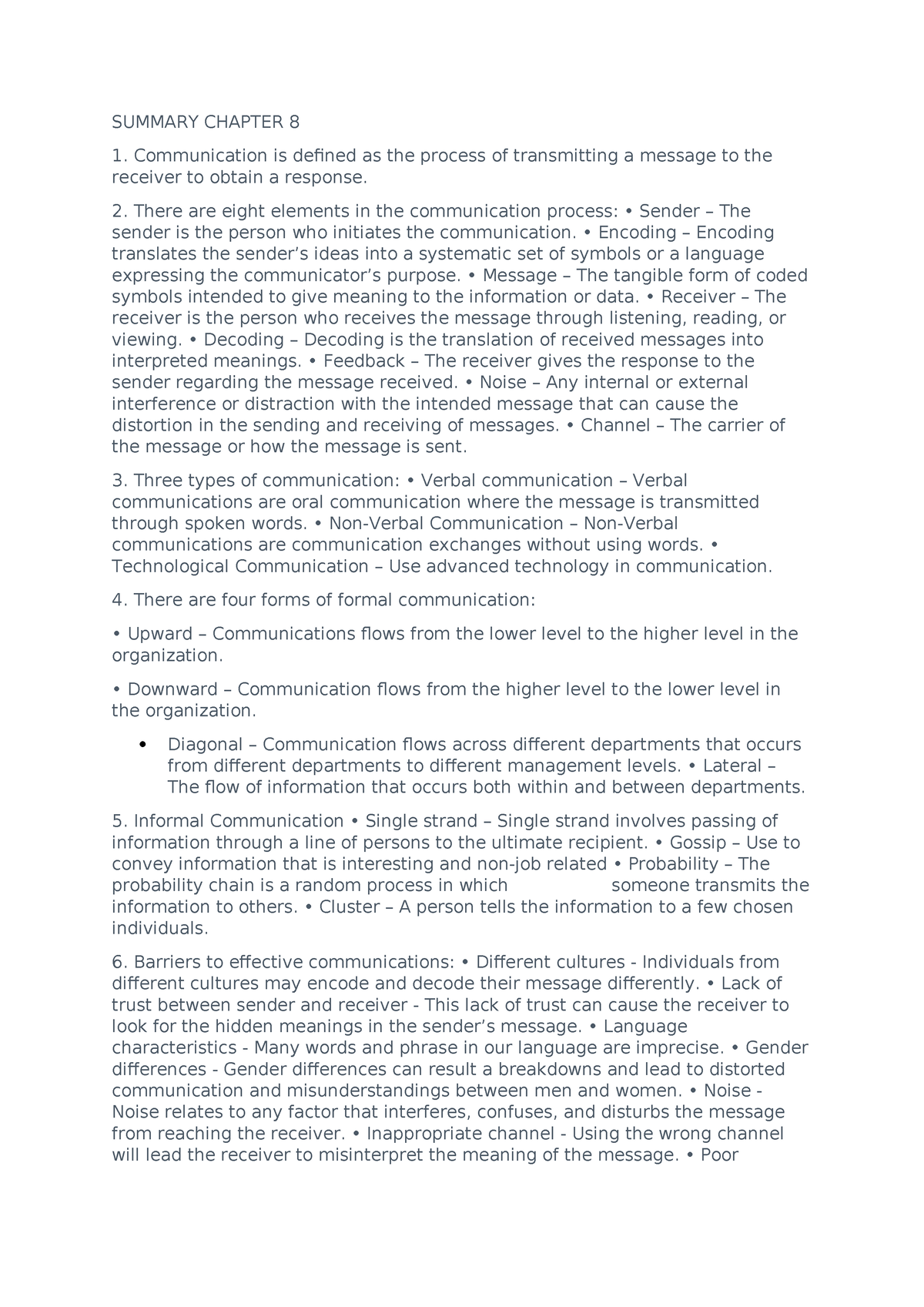 Summary Chapter 8 - mgt162 - SUMMARY CHAPTER 8 Communication is defined ...