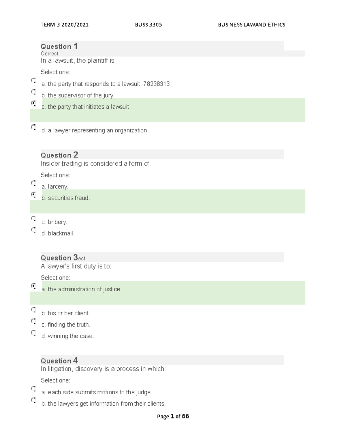 quizlet buss 3305 week 1 to 8 Question 1 Correct In a lawsuit, the