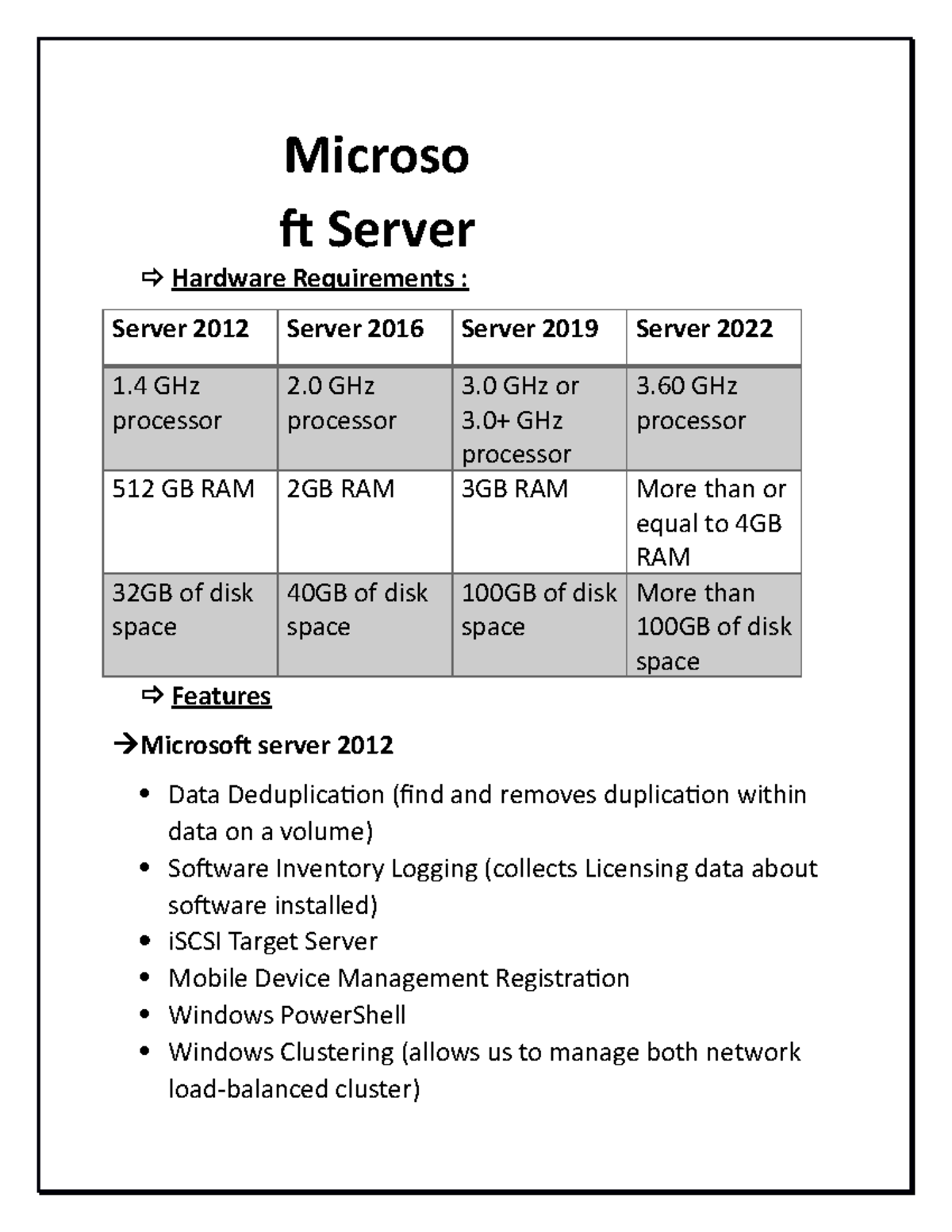 Microsoft Window Server Hardware Requirements Server 2012 Server 2016 Server 2019 Server