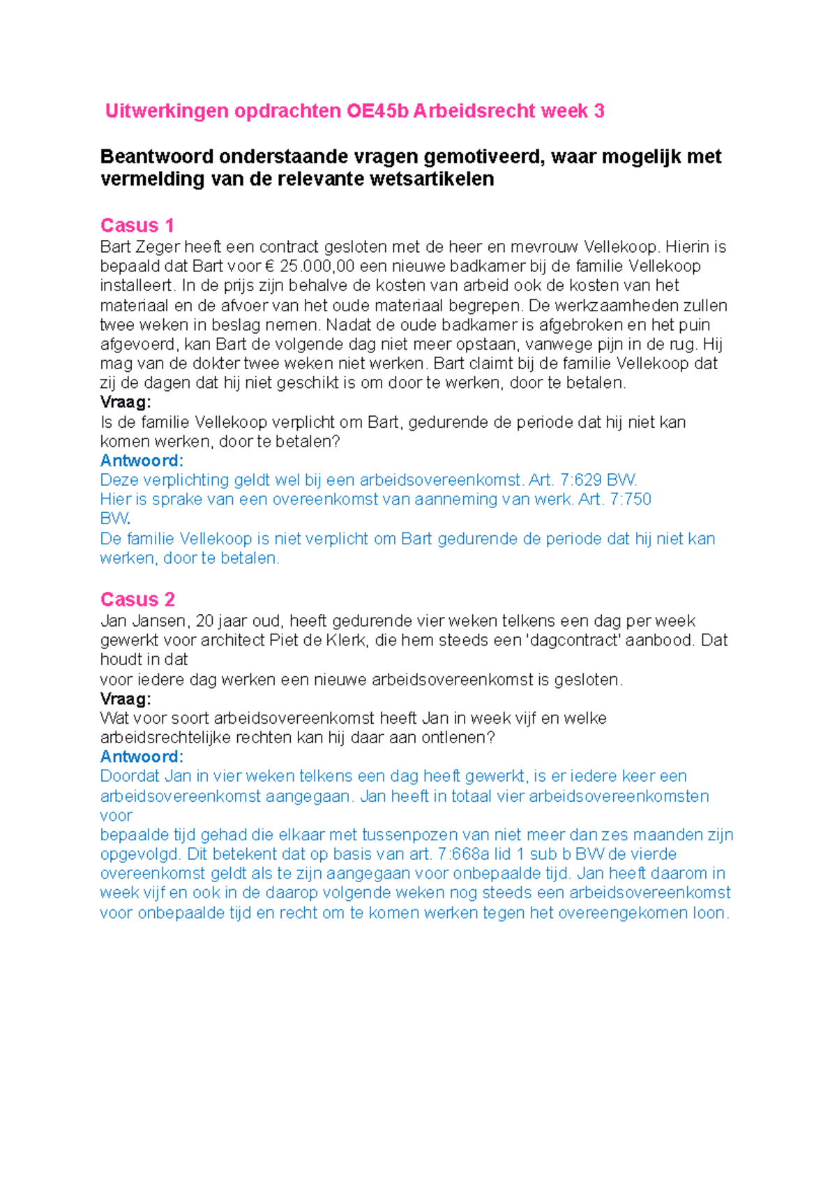 Uitwerkingen OE45b Arbeidsrecht Week 3 2021 - 2022 - Uitwerkingen ...