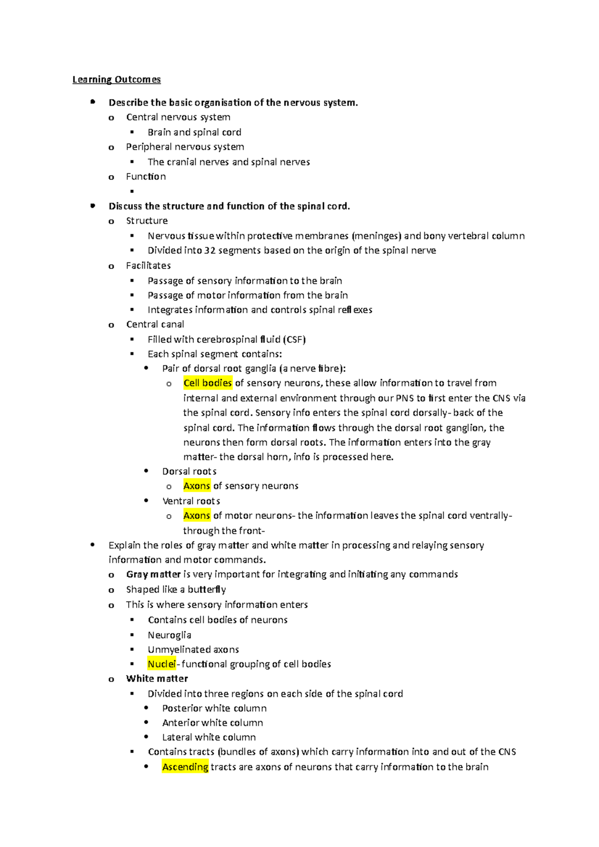 Physiology review - lecture notes - Learning Outcomes Describe the ...