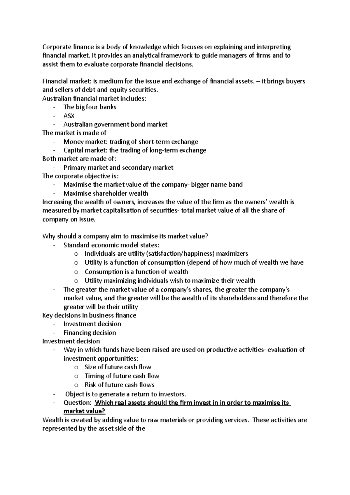 Corporate finance - Lecture notes 1 - Corporate finance is a body of ...
