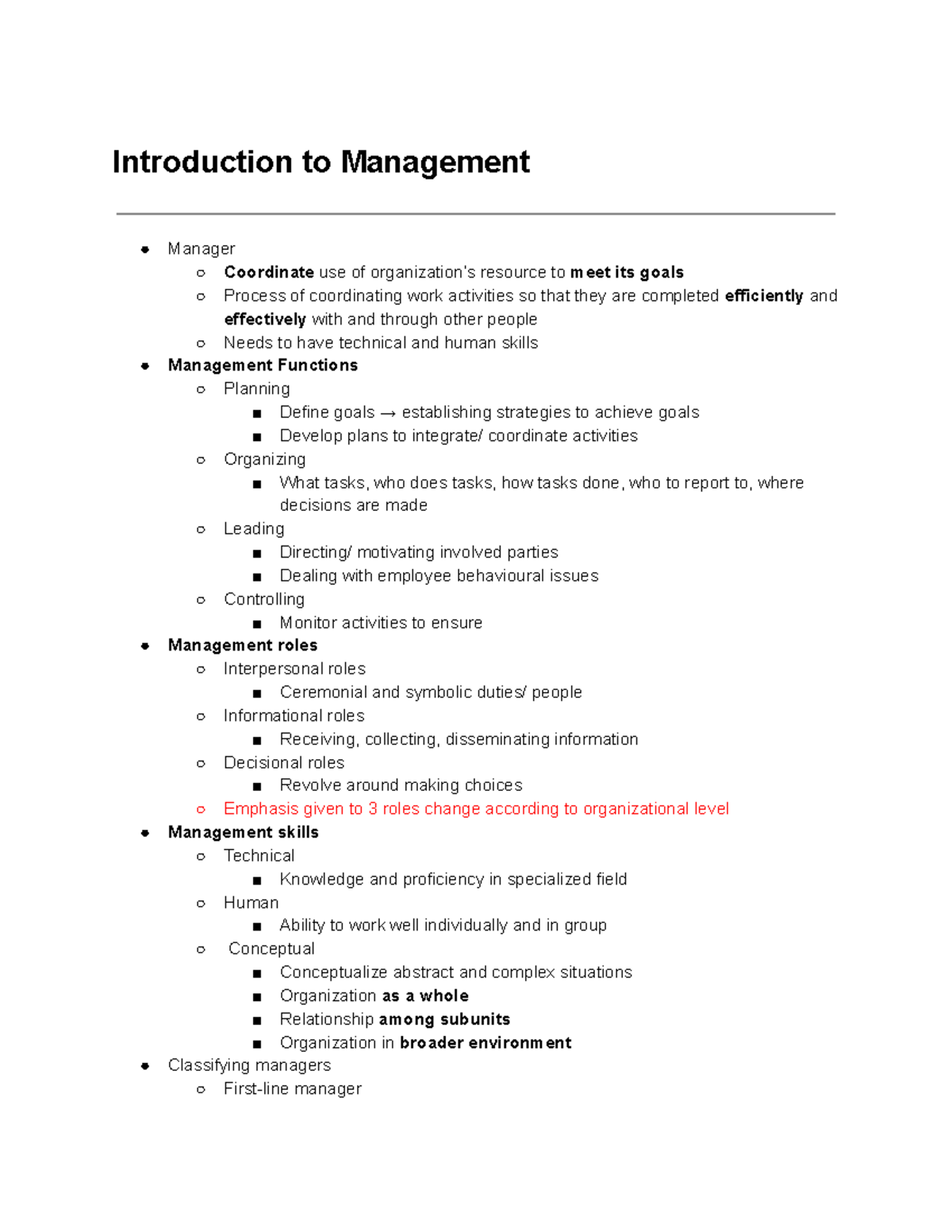MGMT Intro - Notes - Introduction to Management Manager Coordinate use ...