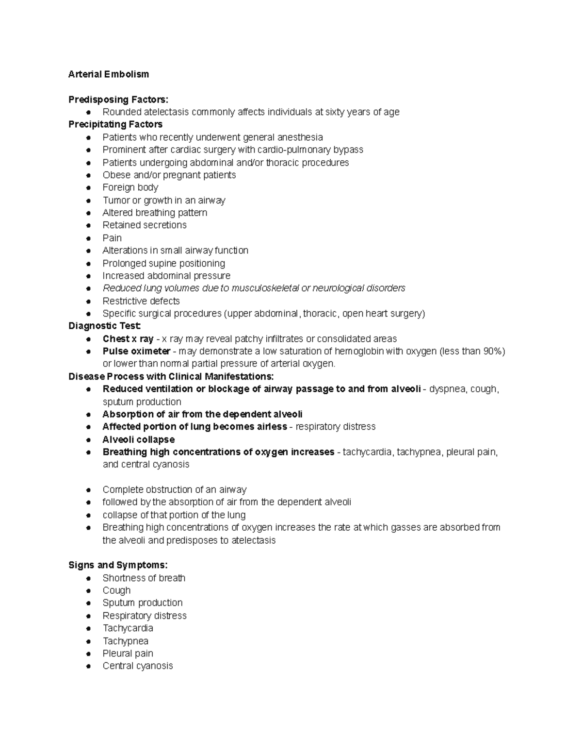 Nursing - Arterial Embolism Notes - Arterial Embolism Predisposing ...