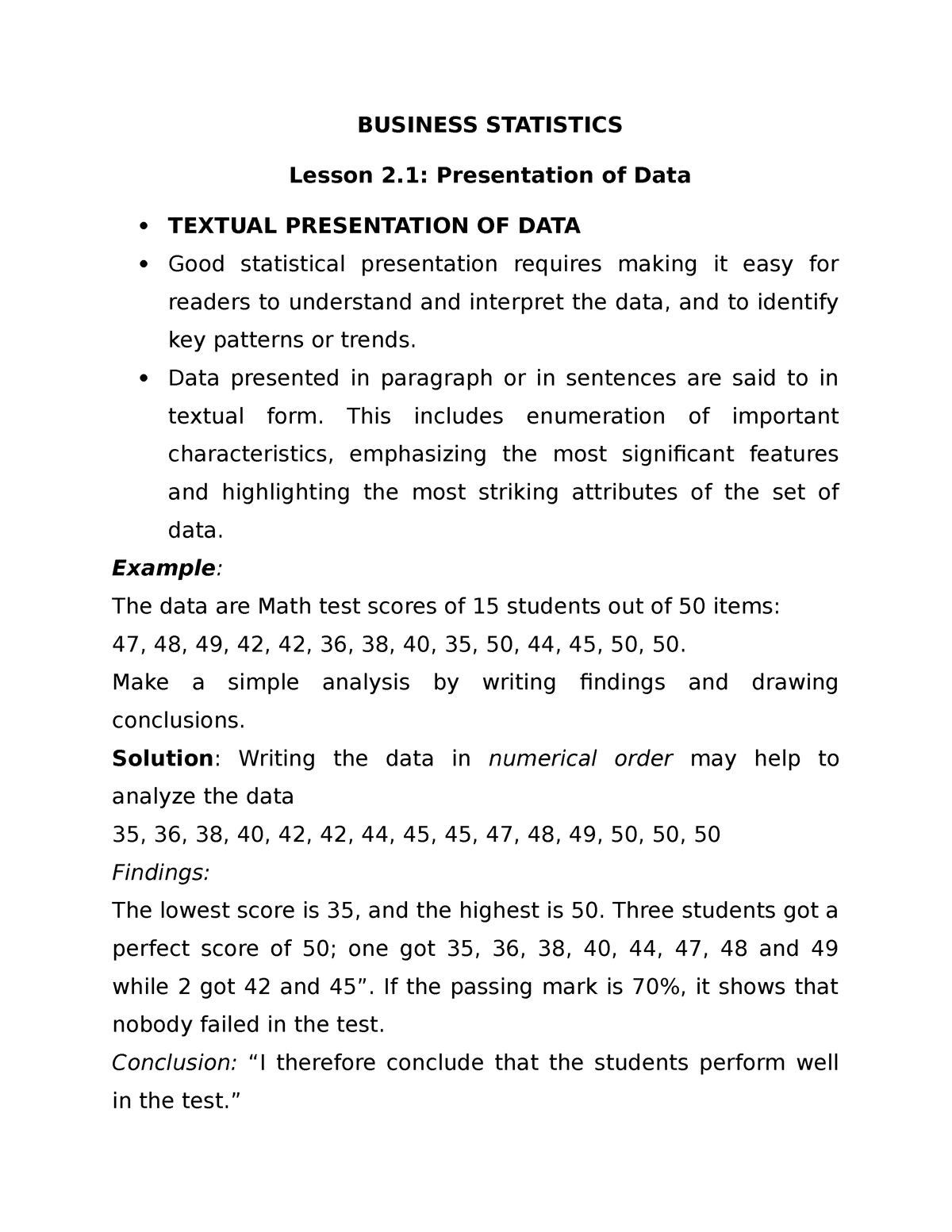 the presentation of data in a summarized form is called