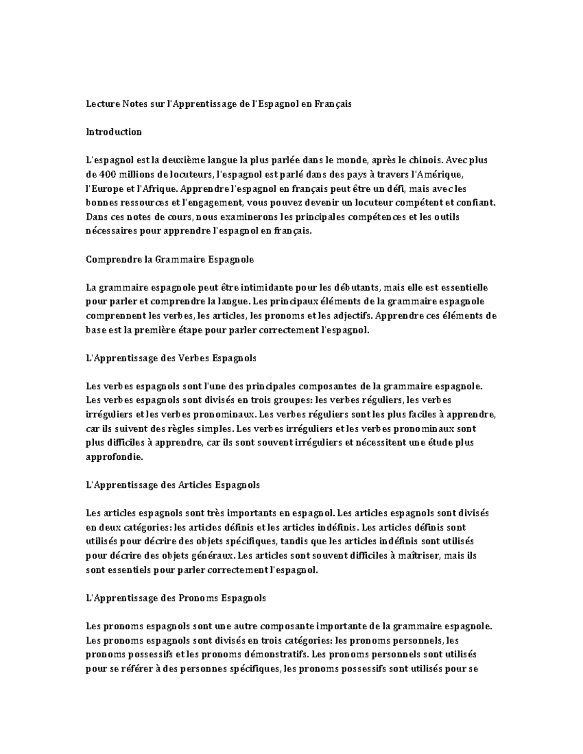 Spanish lecture notes - Lecture Notes sur l'Apprentissage de l'Espagnol ...