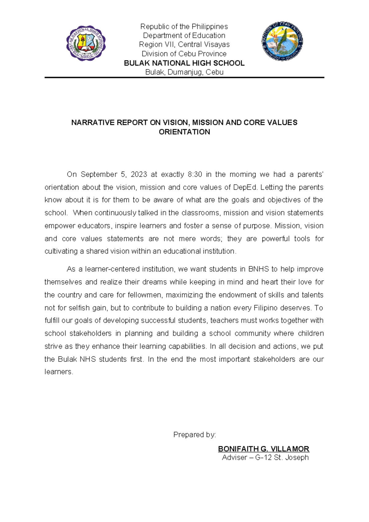 Narrative Report - Republic of the Philippines Department of Education ...