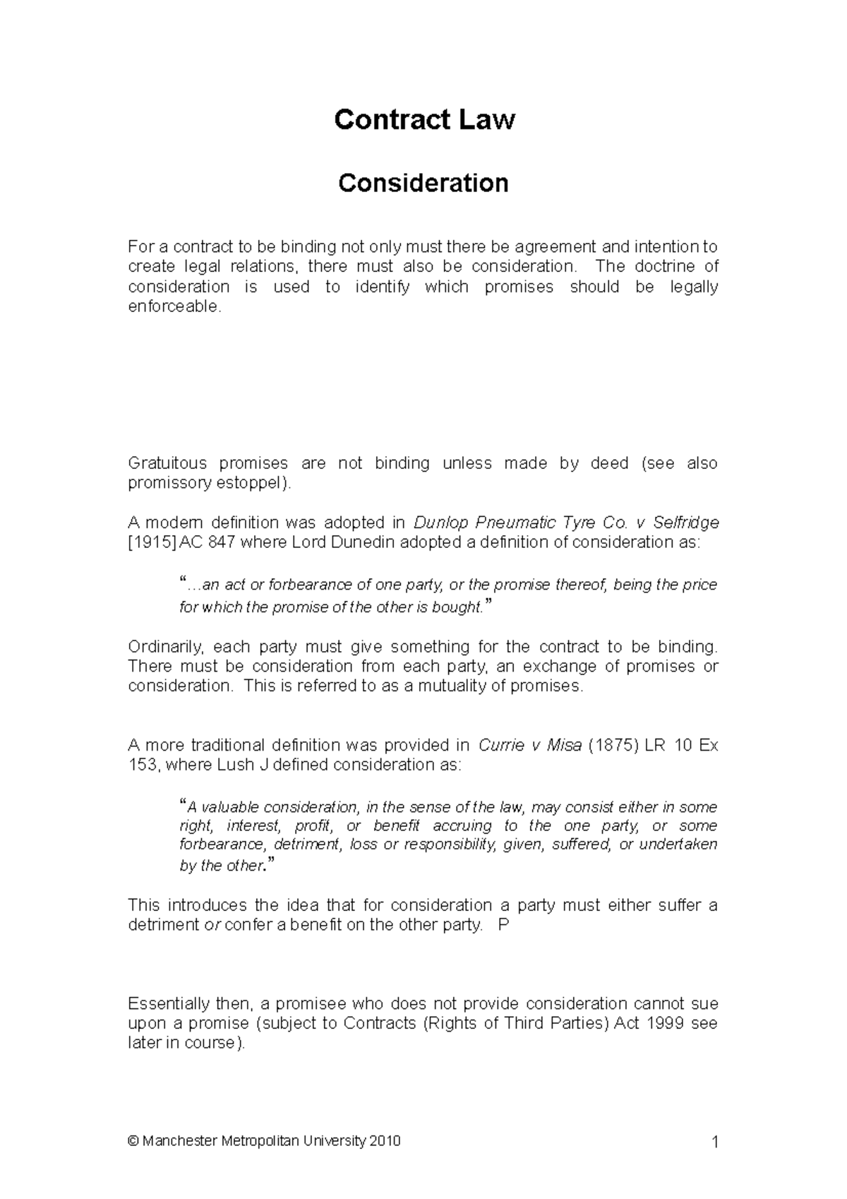Consideration lecture handout - Contract Law Consideration For a ...