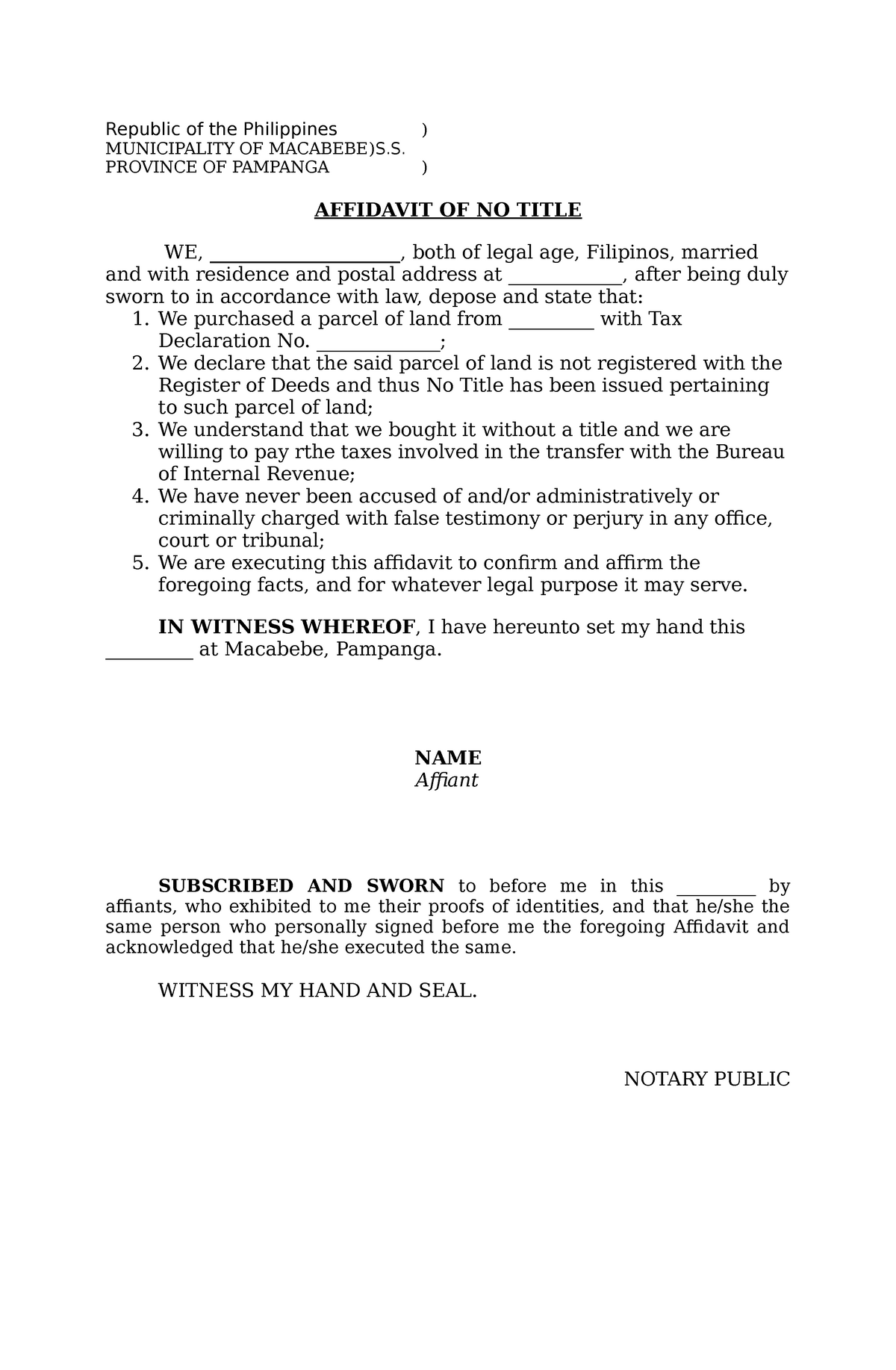 Affidavit Of No Title Draft Republic Of The Philippines Municipality Of Macabebe S 9069