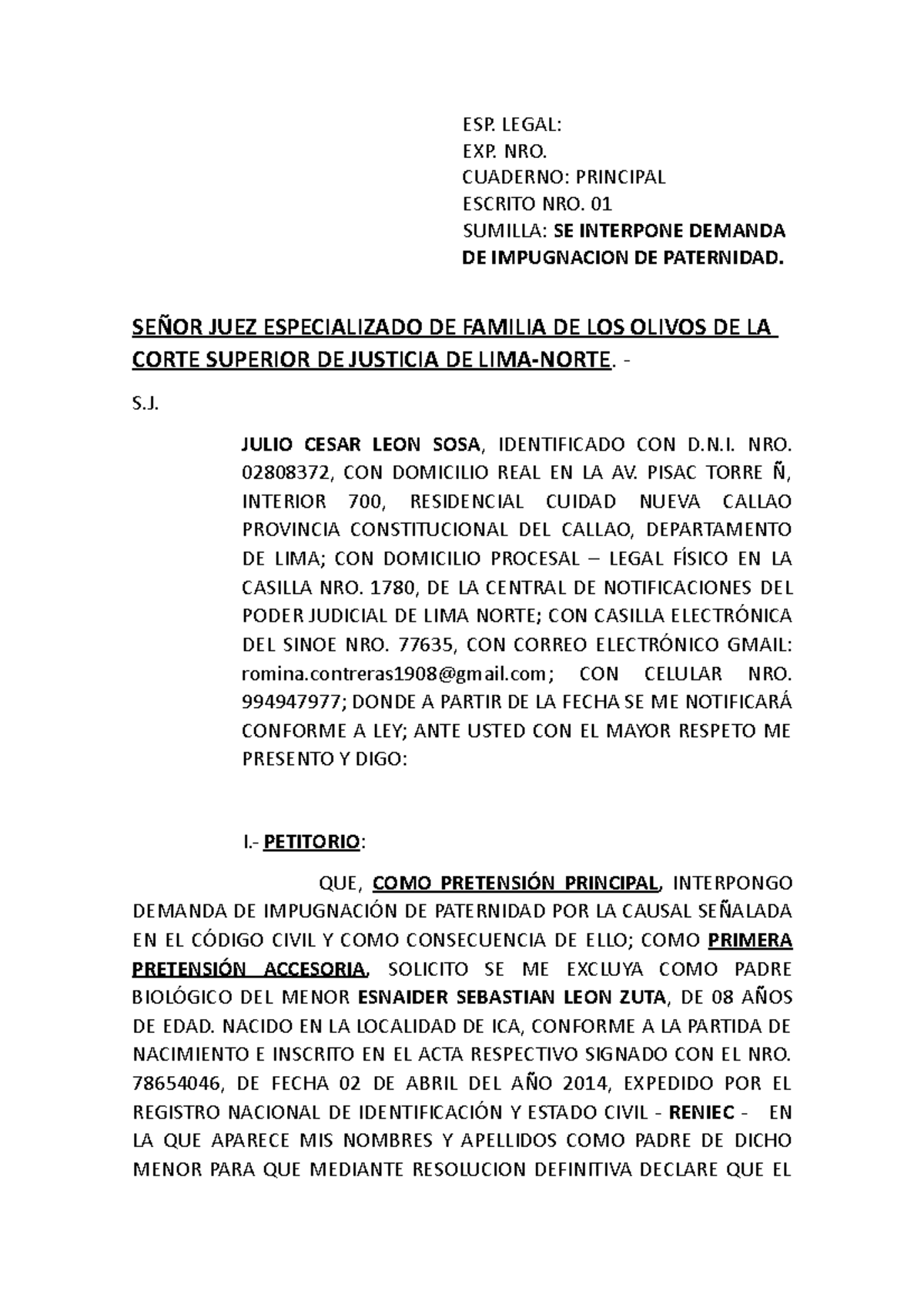 Demanda DE Impugnacion DE Paternidad - Julio LEON - ESP. LEGAL: EXP ...