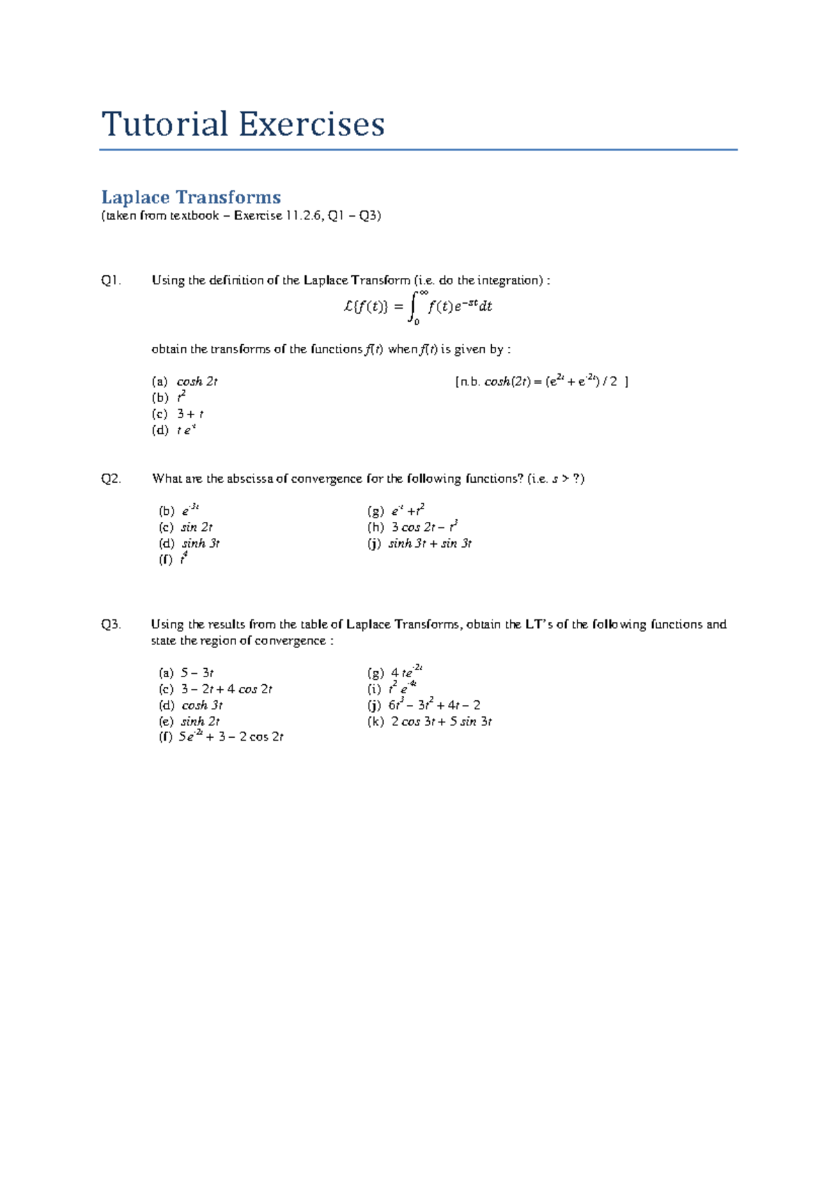 Laplace Tutorial - Tutorial Exercises Laplace Transforms (taken From ...