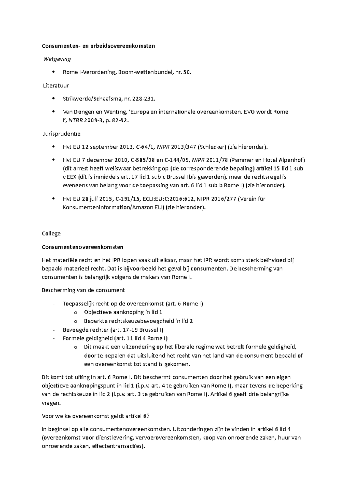 Week 4 - Consumenten- En Arbeidsovereenkomsten - Consumenten- En ...