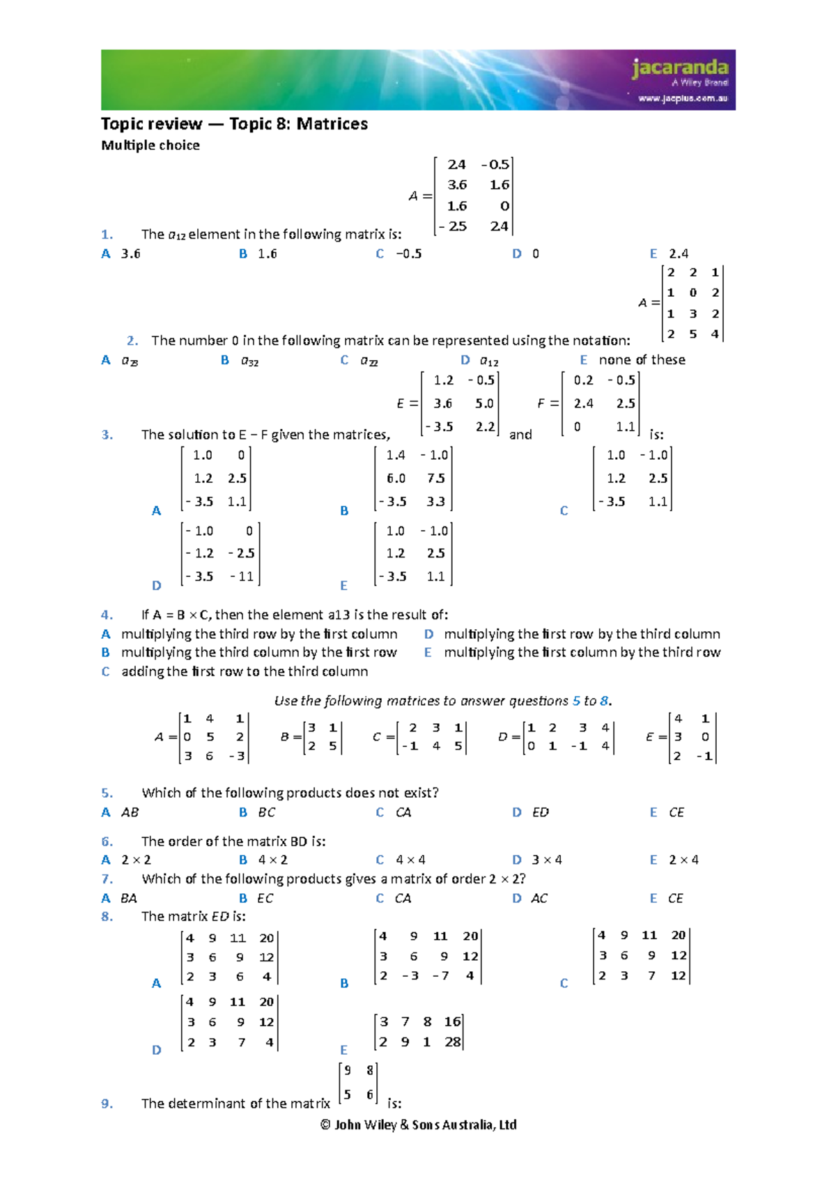 Quest 2016 Matrices Topic review — Topic 8 Matrices Multiple