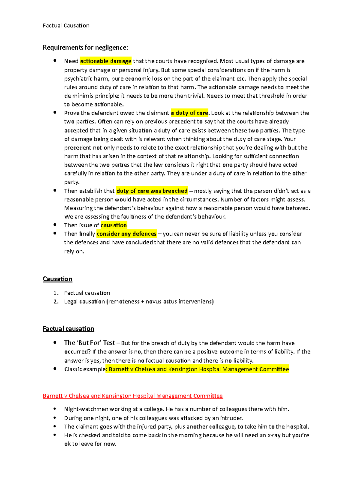 Factual Causation - Lecture notes, Tort law - Requirements for ...