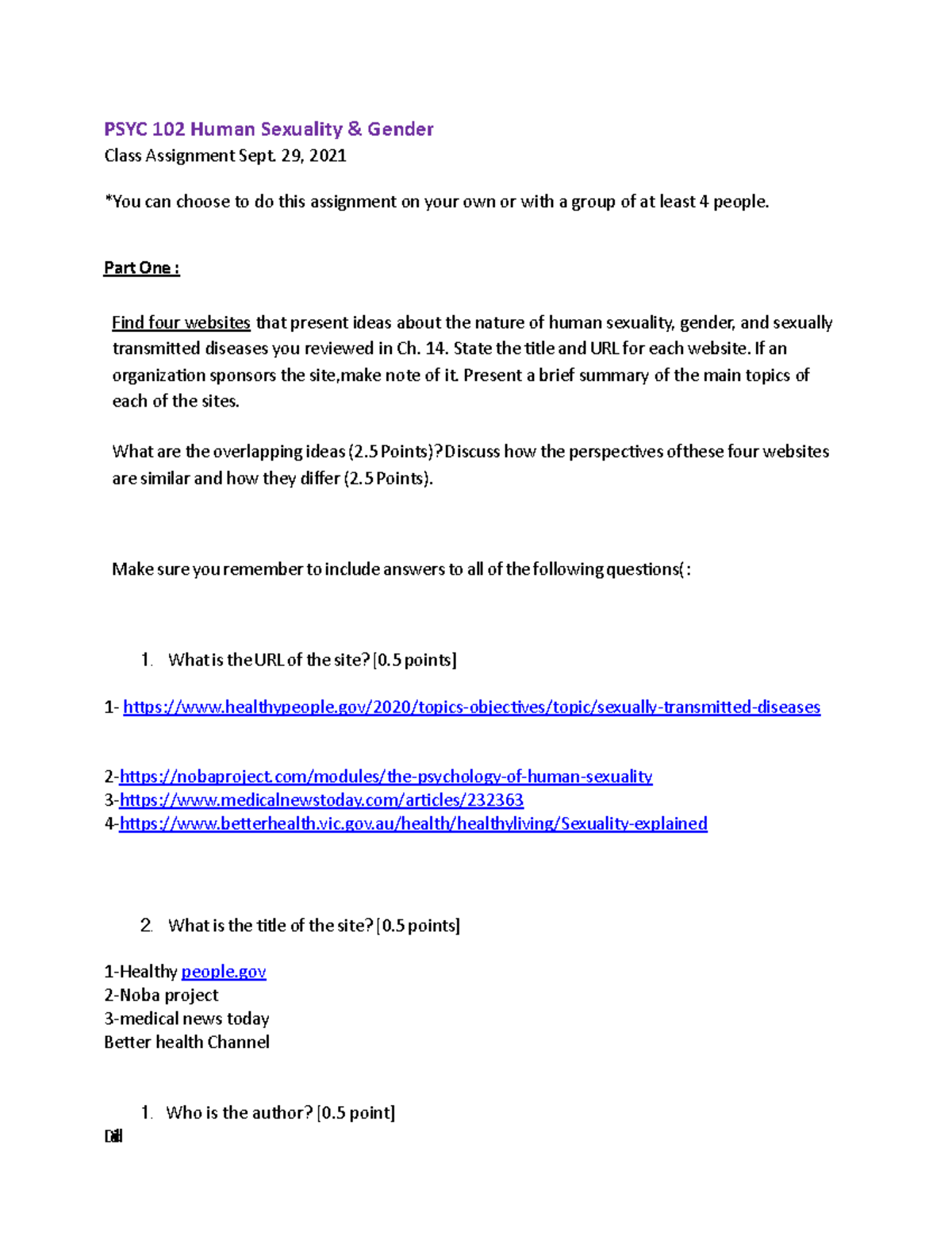 PSYC 102 Ch 14 Class Assignment - PSYC 102 Human Sexuality & Gender ...