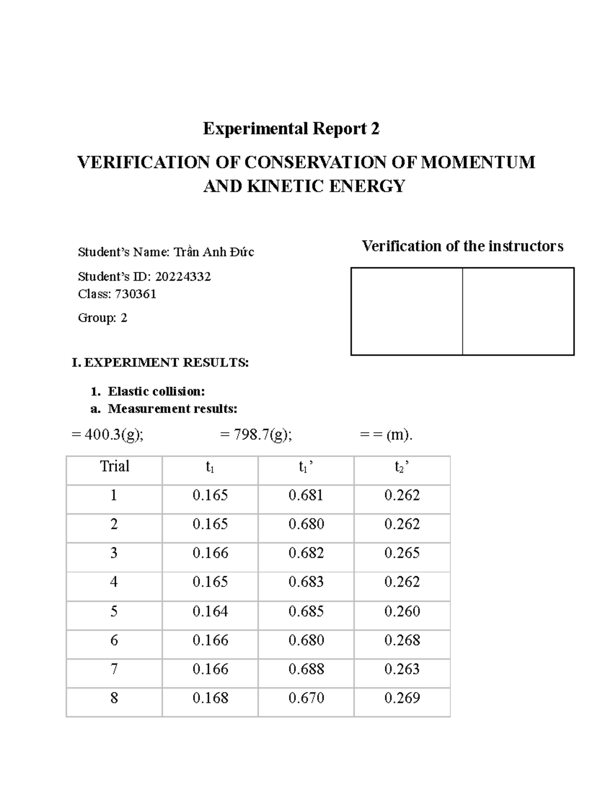 LAB- Report-2 - bao cao tn vl2 - Experimental Report 2 VERIFICATION OF ...
