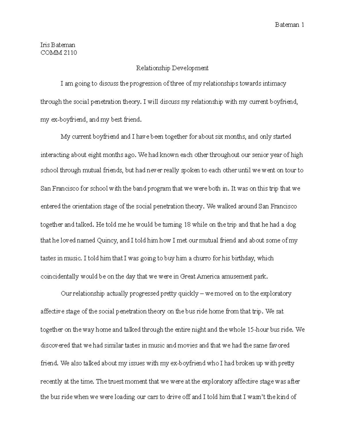 Relationship Development Paper - Bateman 1 Iris Bateman COMM 2110 ...