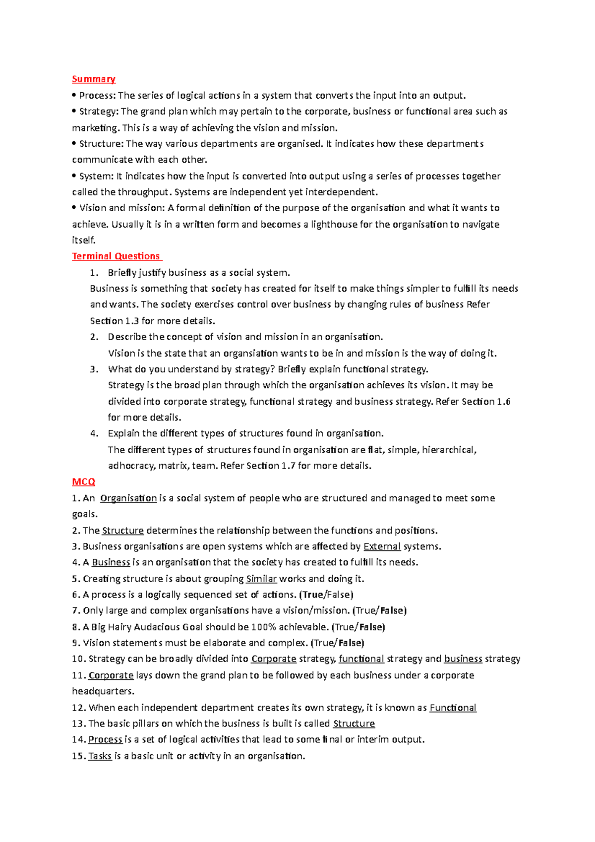MP MCQ and terminal question Summary Process The series of logical