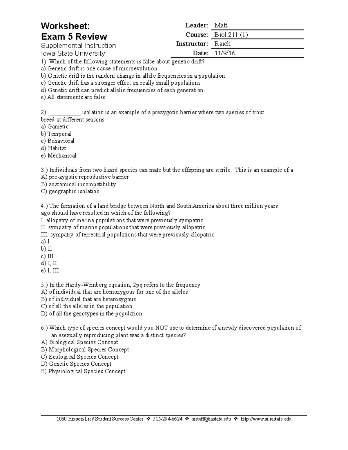 Exam 5 review - Worksheet: Exam 5 Review Supplemental Instruction Iowa ...