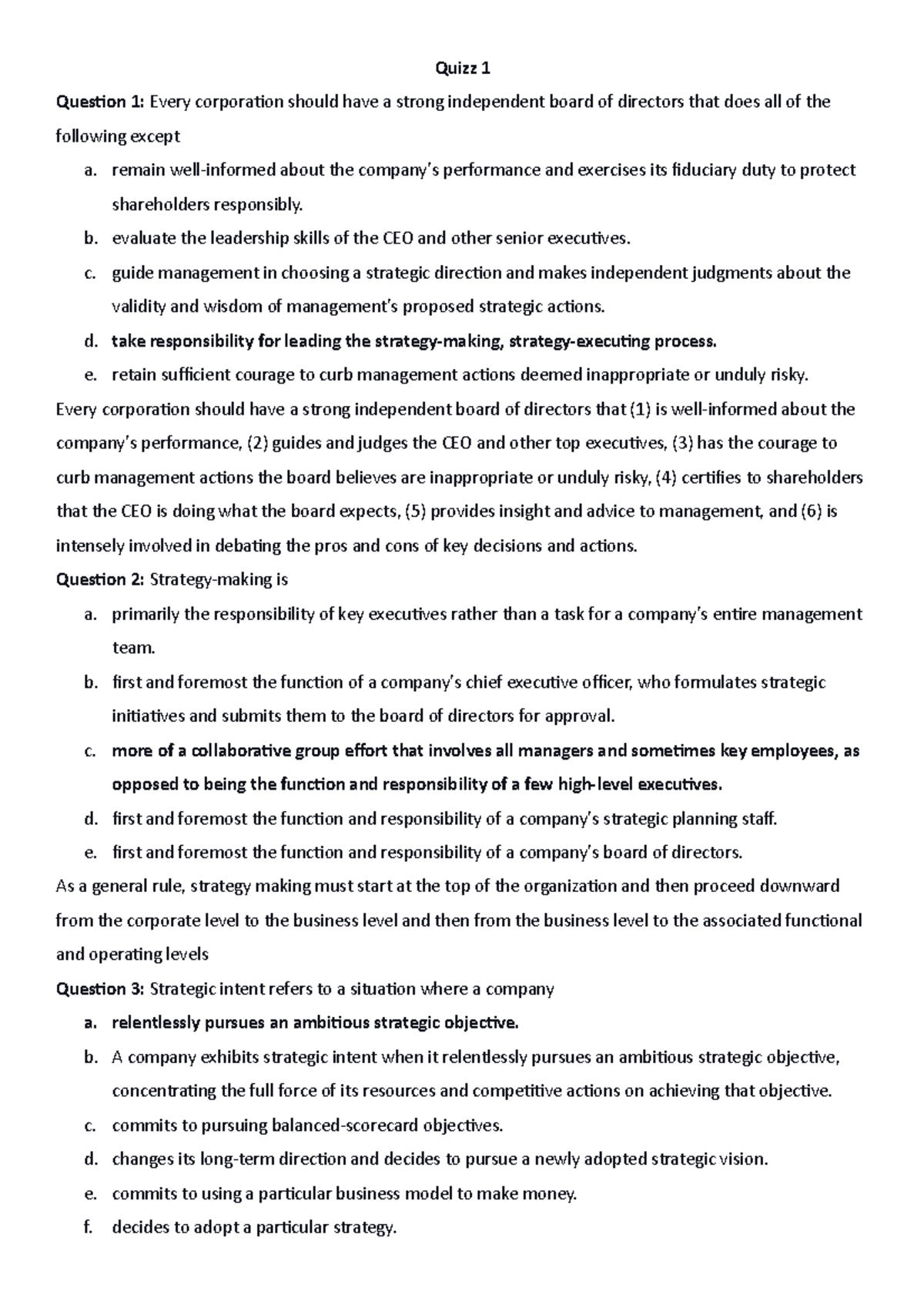 BT business strategy test bank Quizz 1 Question 1 Every