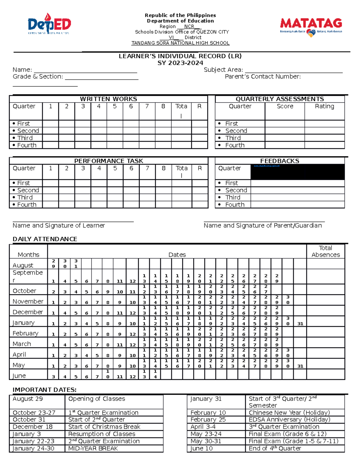 Learners Individual Record LR - Republic of the Philippines Department ...