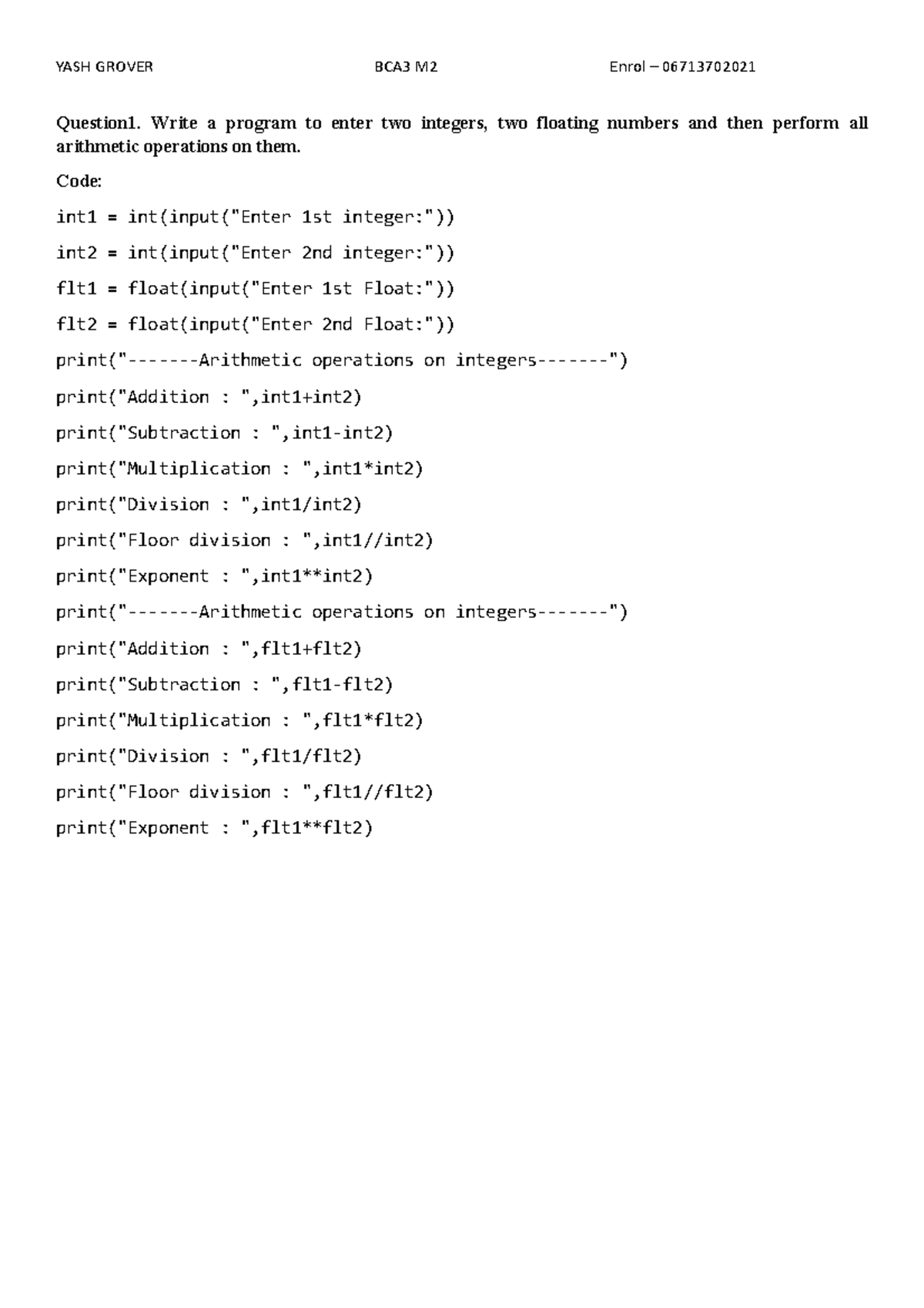 Python practical file(YASH Grover) - Question1. Write a program to ...