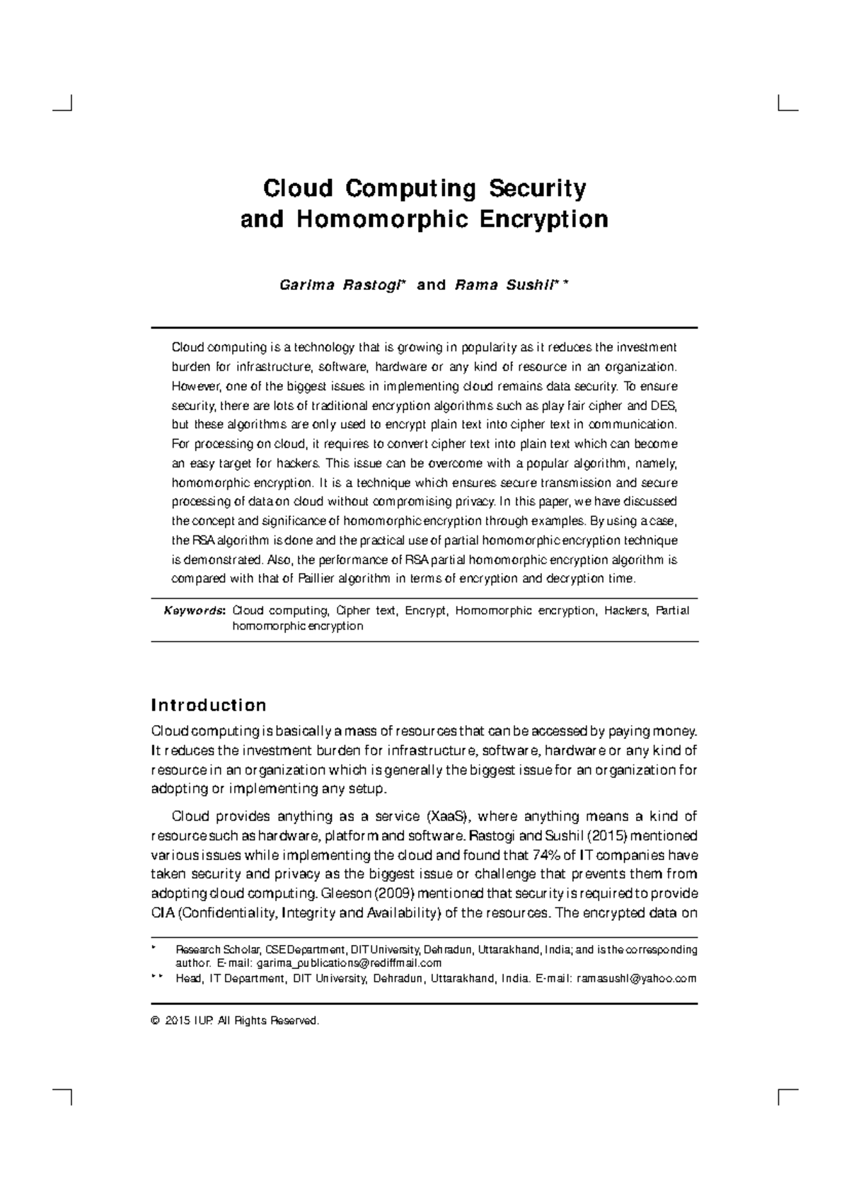 2015-IUP Cloud computing security and homomorphic encryption - 48 The ...