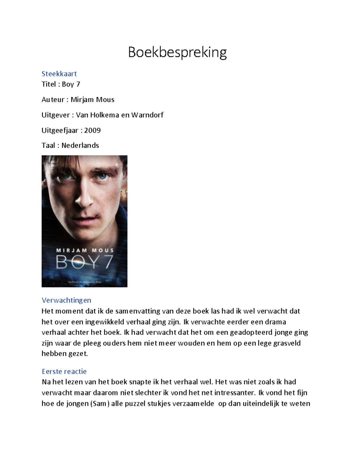 Boekbespreking Nederlands Boy 7 - Boekbespreking Steekkaart Titel : Boy ...