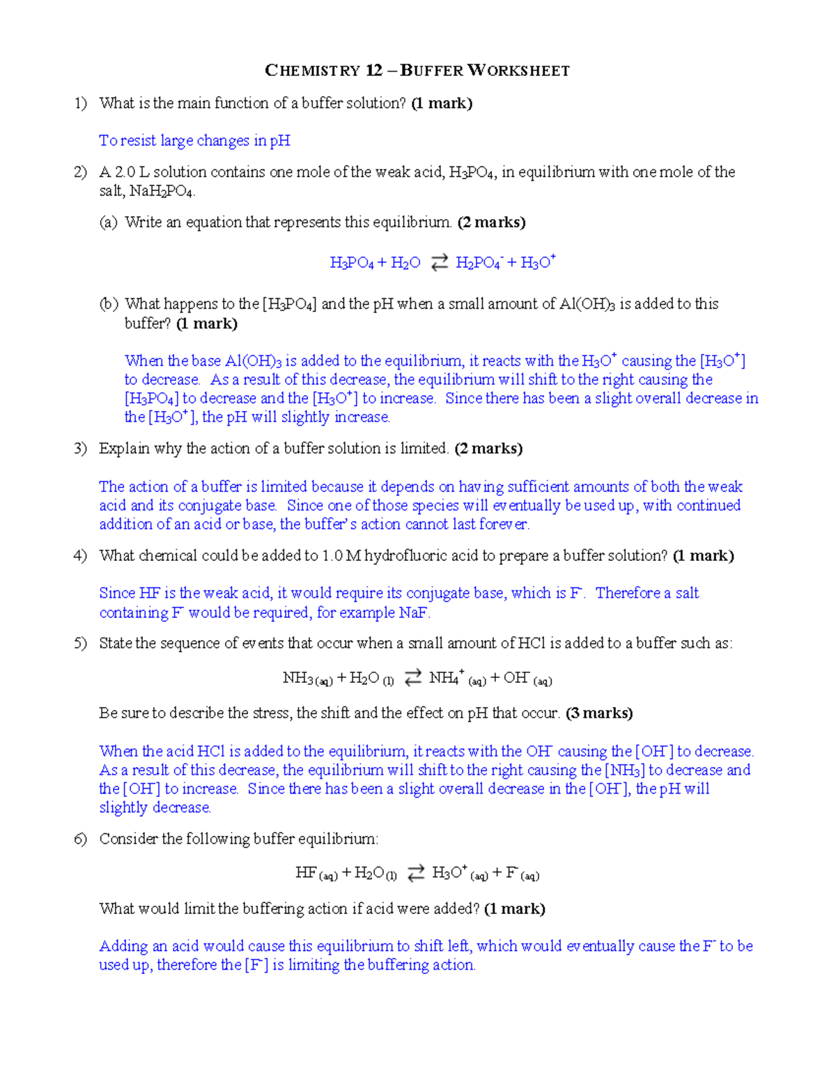 Buffer Worksheet Solutions 20b5msv - C HEMISTRY 12 – B UFFER W ORKSHEET ...